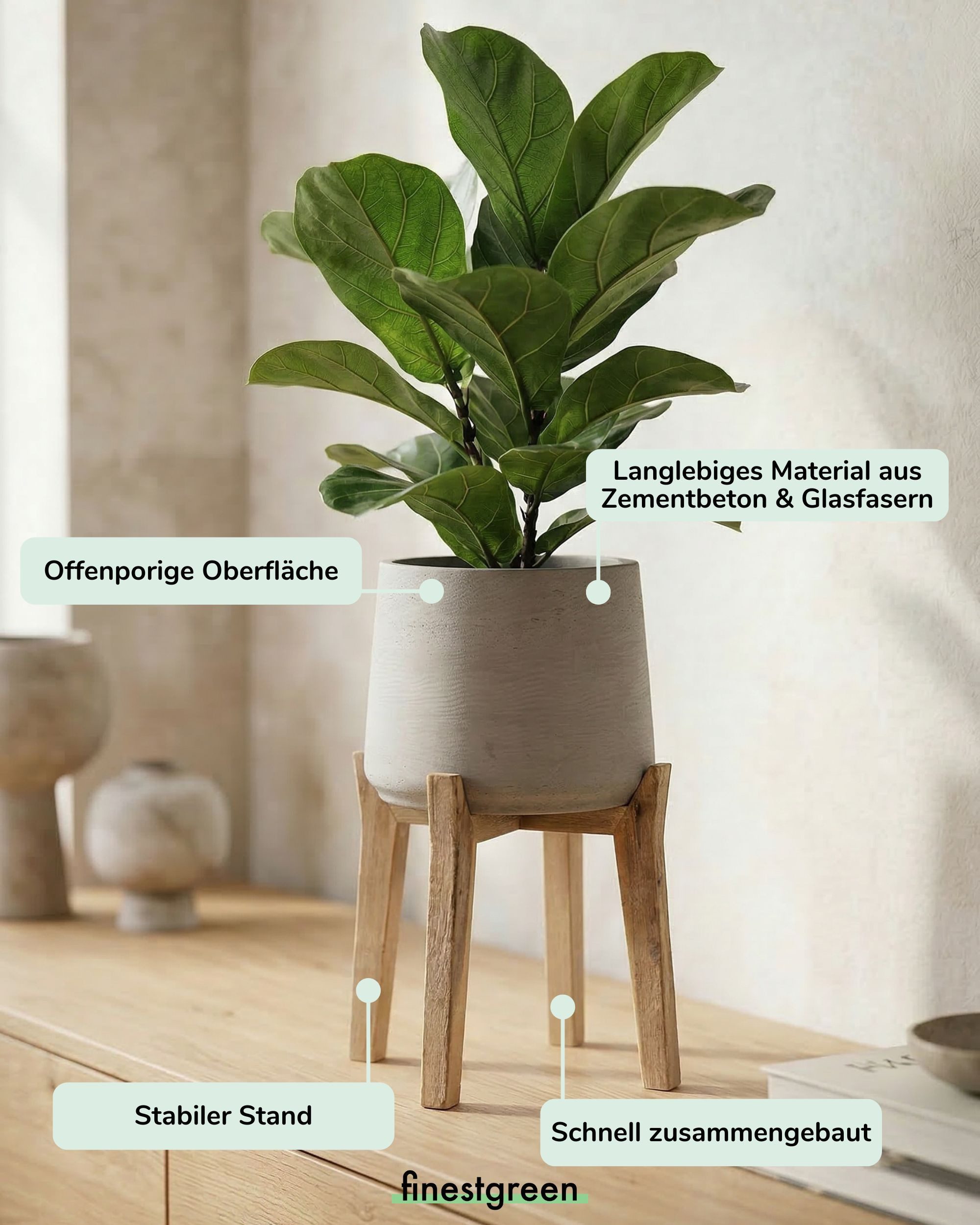 finestgreen Pflanzkübel Patt Feet High, Fiberclay Pflanzkübel mit Holzfüßen für Innen & Außen