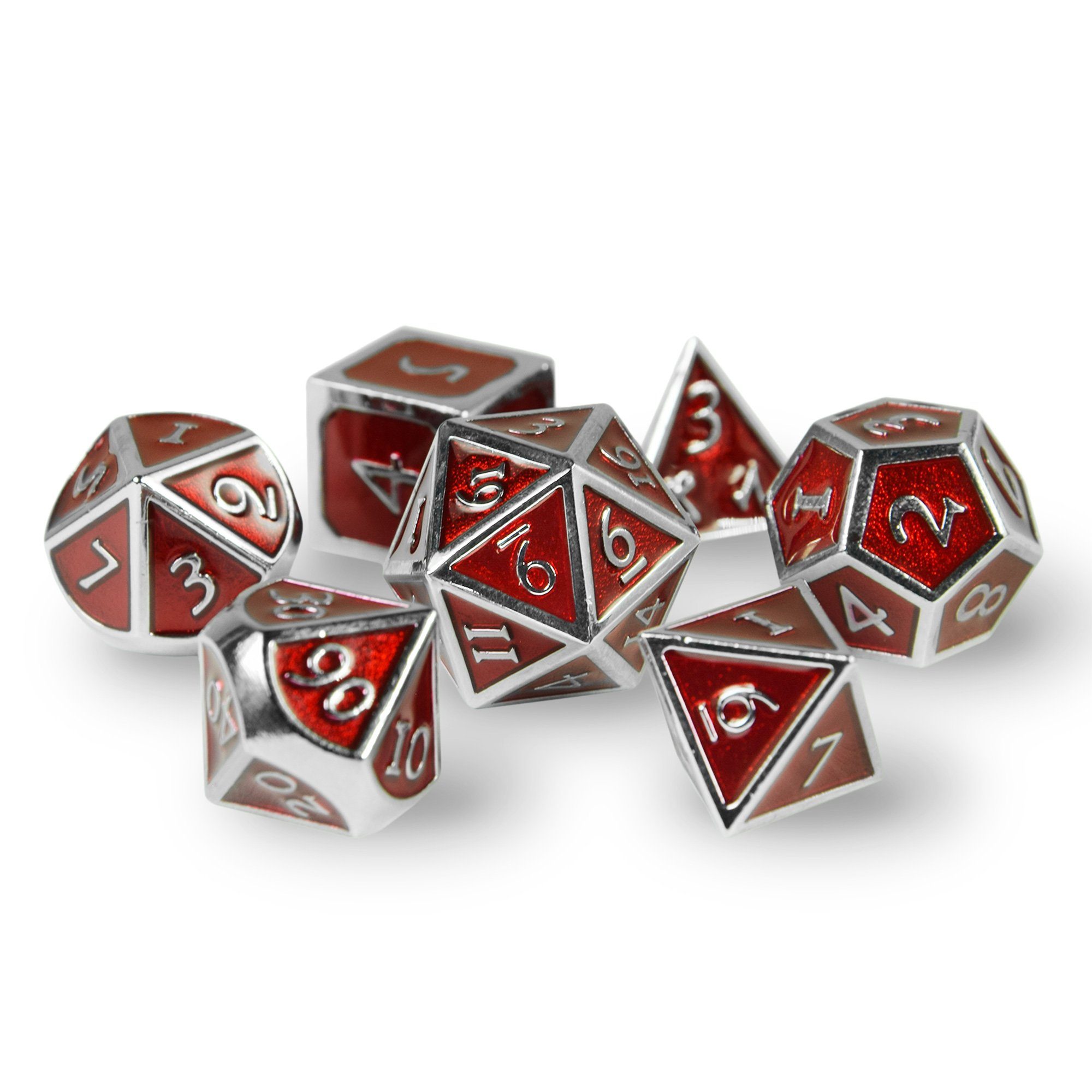 SHIBBY Spielesammlung, 7 polyedrische in Metall-DND-Würfel Silber/Rot Steampunk inkl. Optik, Aufbewahrungsbox