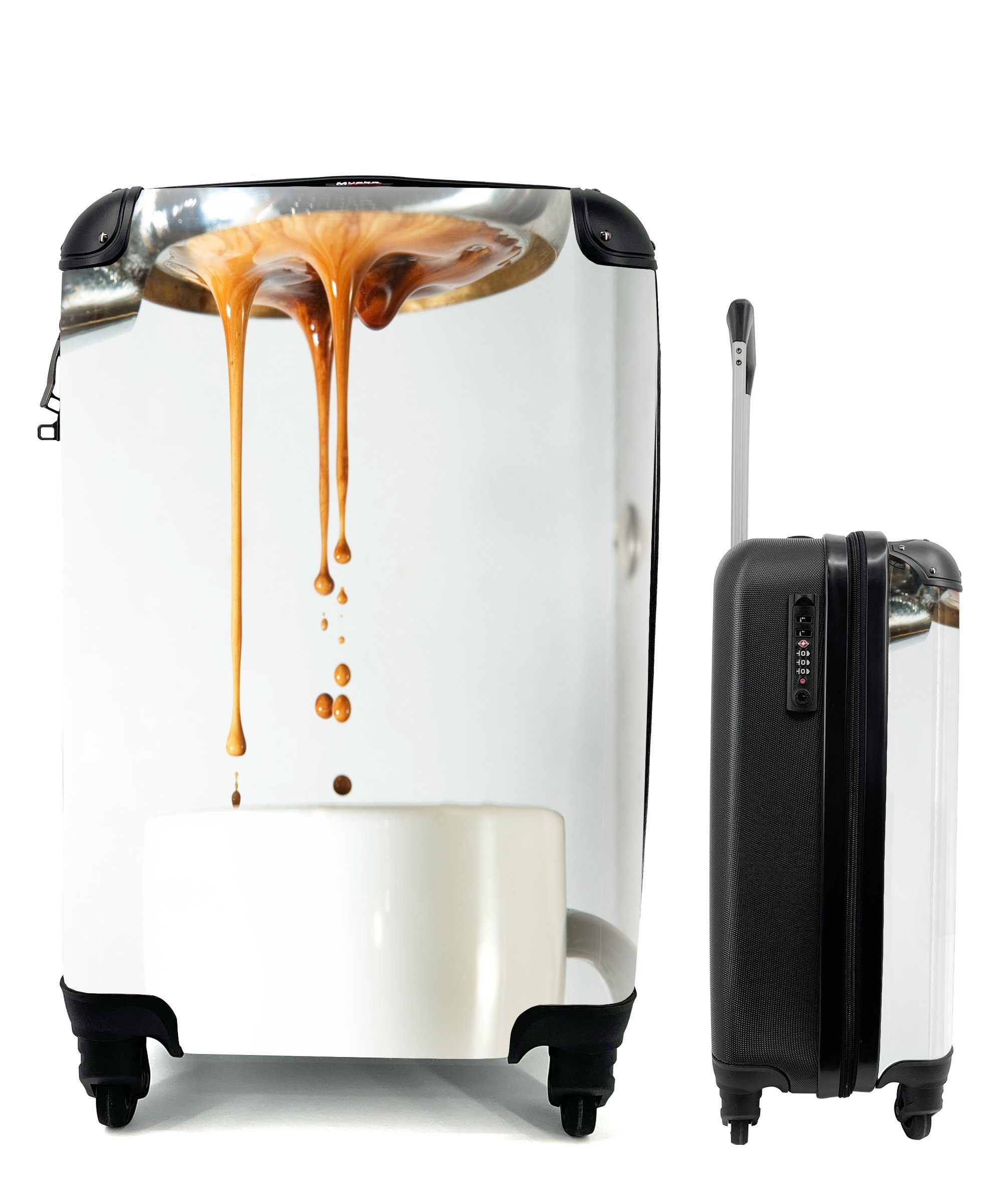 MuchoWow Handgepäckkoffer Der Kaffee fließt aus der Kaffeemaschine in die Kaffeetasse, 4 Rollen, Reisetasche mit rollen, Handgepäck für Ferien, Trolley, Reisekoffer
