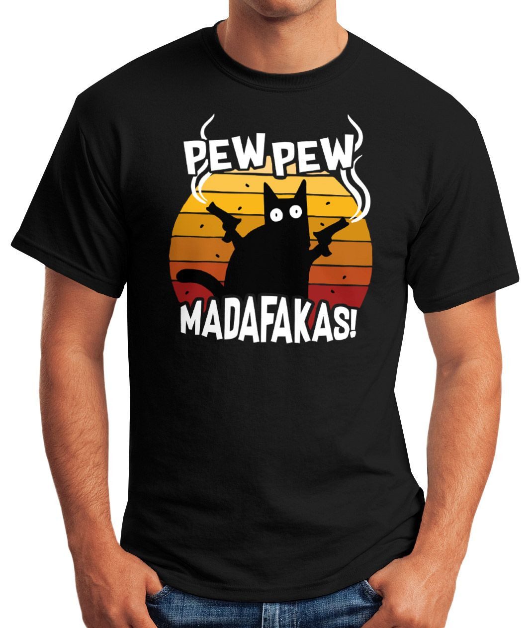 MoonWorks Print-Shirt Herren T-Shirt Pew Pew Madafakas Katze Western Cat Meme Fun-Shirt mit Print