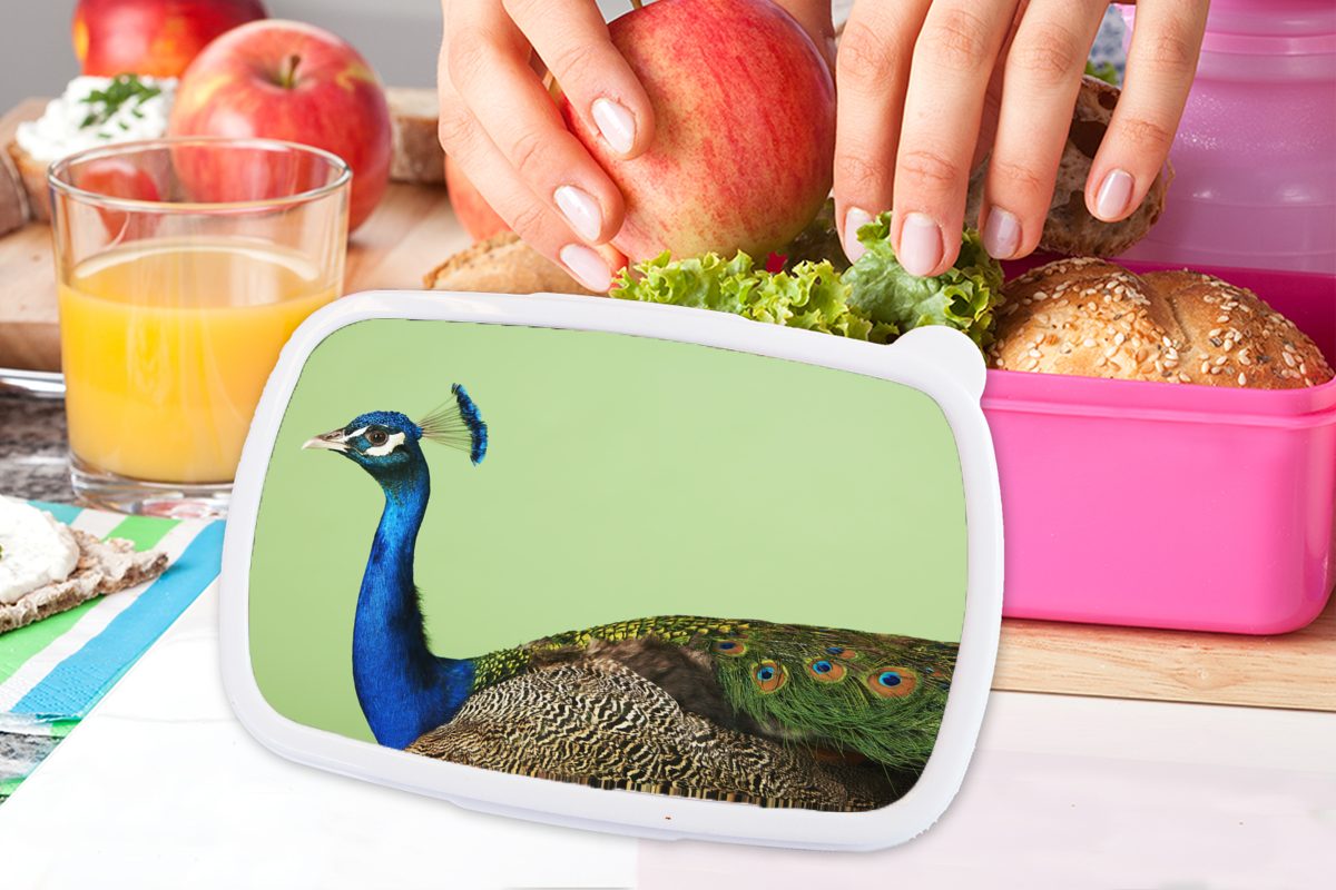 MuchoWow Lunchbox Pfau - (2-tlg), Snackbox, Kunststoff, Kinder, rosa Mädchen, Erwachsene, Tiere - Brotbox für Grün, Kunststoff Brotdose