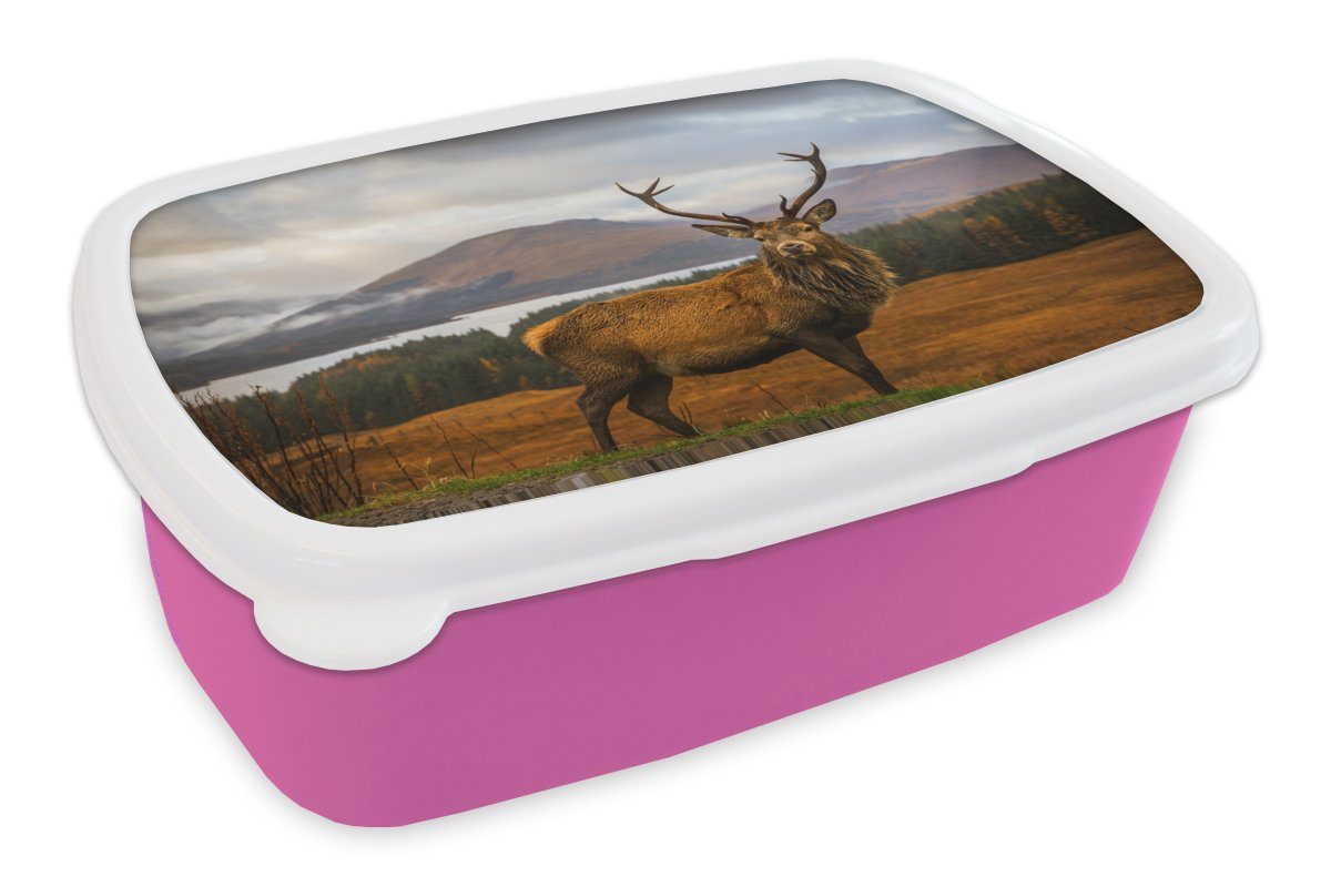 MuchoWow Lunchbox Hirsche - für Brotbox - Tiere Landschaft Kinder, - rosa - Brotdose Mädchen, Erwachsene, - Kunststoff, Bäume, (2-tlg), Berge Wasser Kunststoff Snackbox