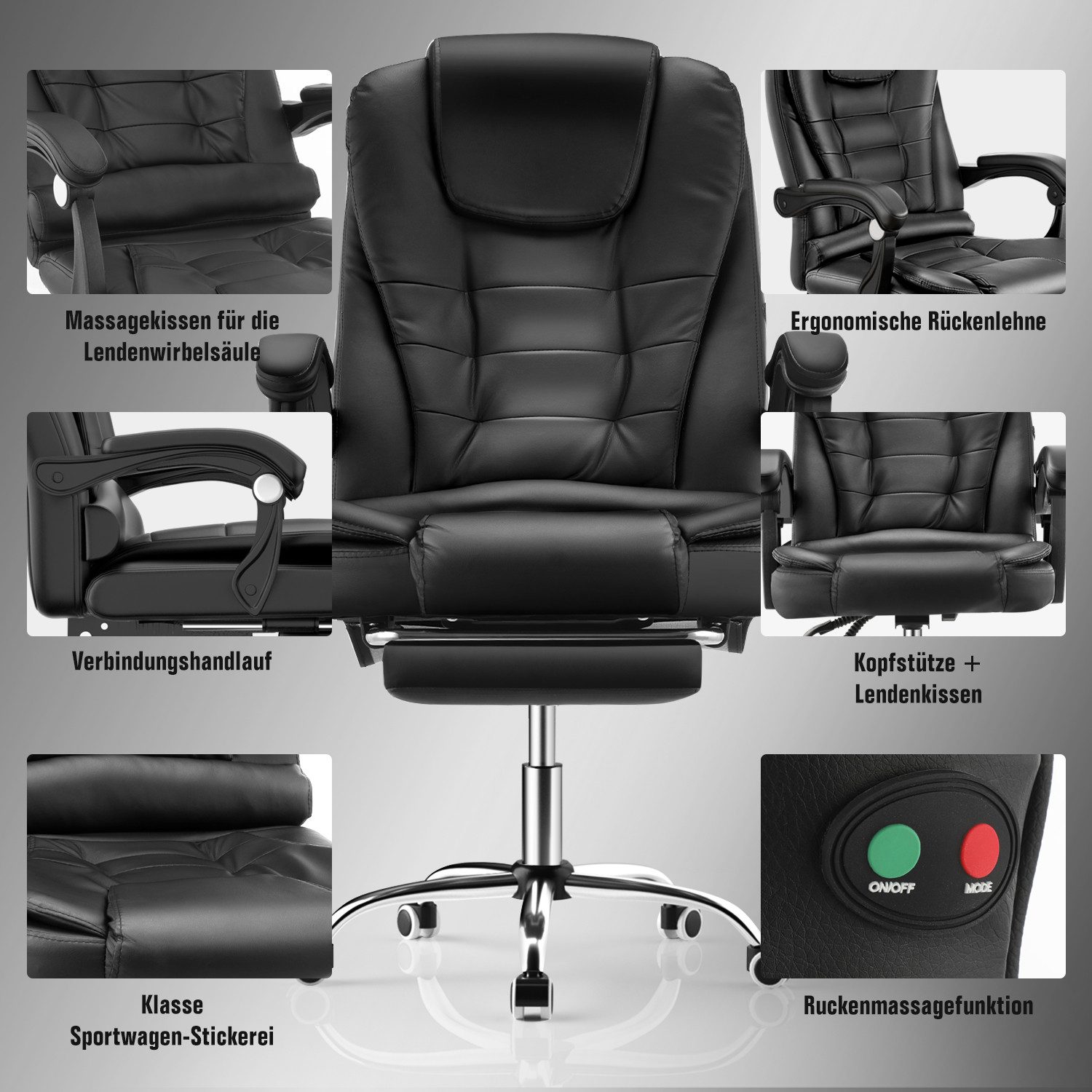 oyajia Bürostuhl Ergonomischer Bürostuhl Massage Chefsessel Drehstuhl Gaming Büro Stuhl, Drehsessel mit verstellbare Lendenkissen, Kopfkissen und Armlehnen – Bild 5 von 5