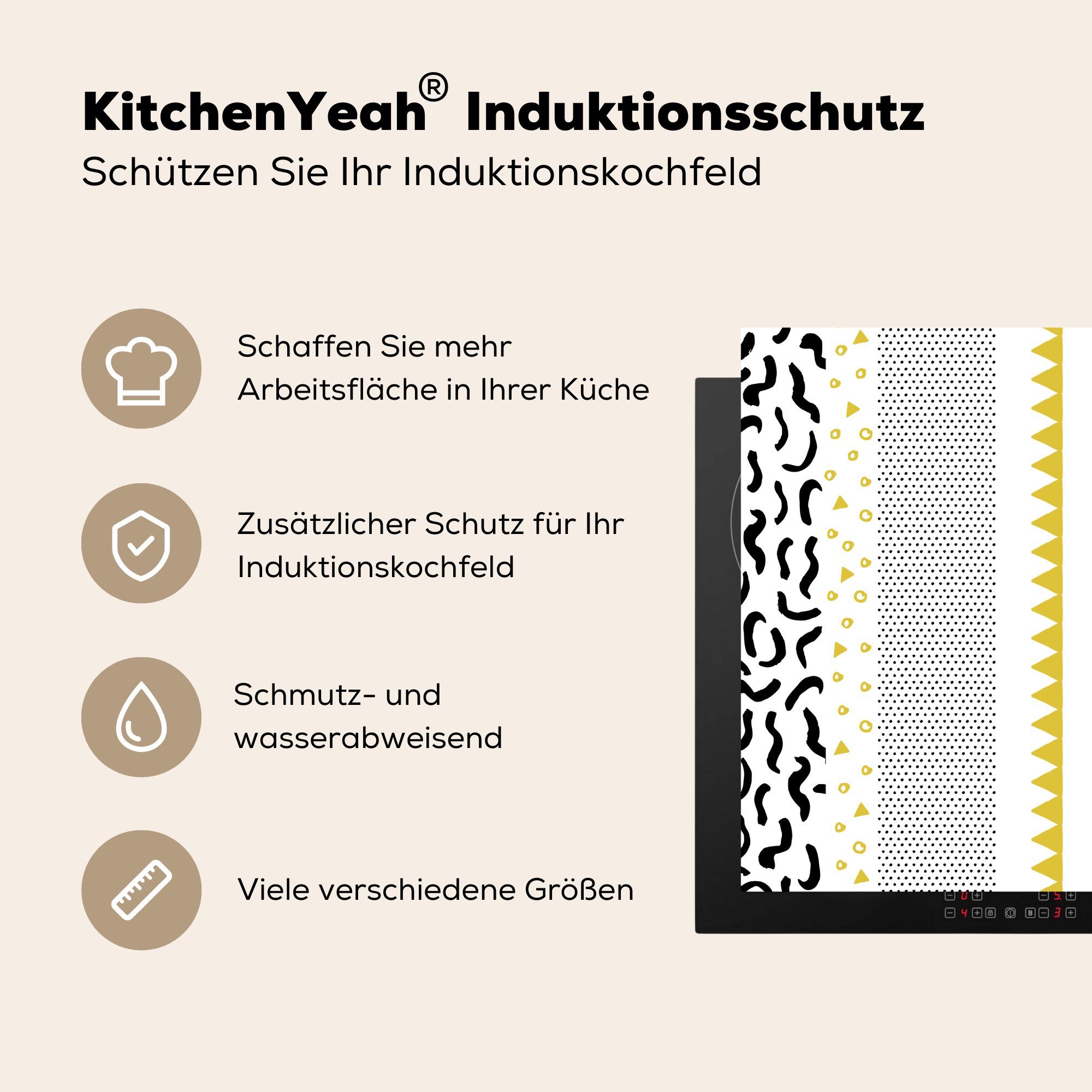 Herdblende-/Abdeckplatte Ceranfeldabdeckung, Weiß Gelb Arbeitsplatte MuchoWow Schwarz - für - Muster, küche (1 Vinyl, tlg), - 78x78 cm,