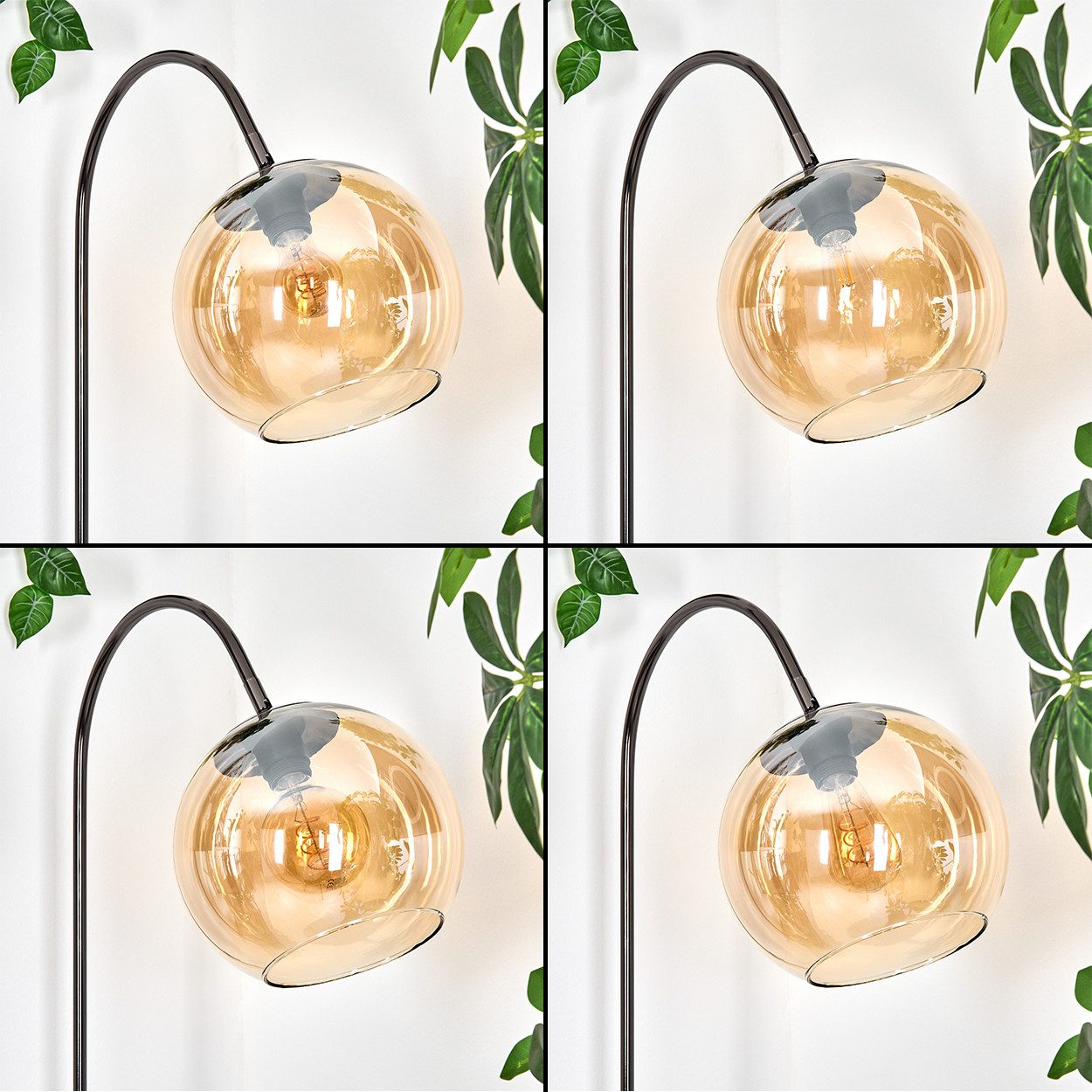 hofstein Bogenlampe Stehlampe aus Metall/Glas in Schwarz/Chrom-/Bernstein im Retro-Design, verstellbare Stehleuchte mit Glasschirmen (25cm) u. Fußschalter, E27