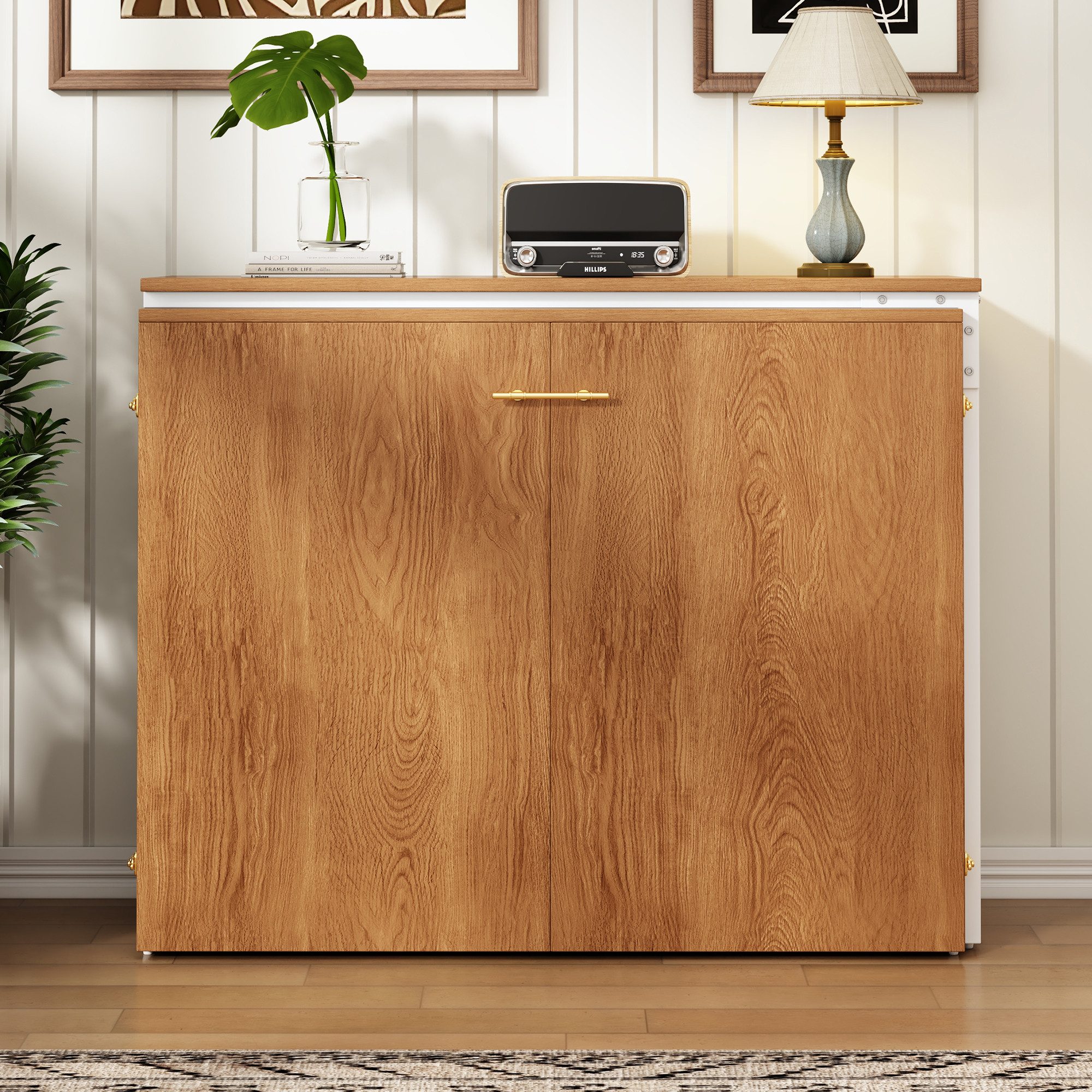 Odikalo Schrankbett Klappbett mit Schreibtisch und Matratze (Klappbett mit drehbarem Schreibtisch und Matratze, platzsparendes Schrankbett mit Rollen, ideal für kleine Räume, Gästezimmer und Homeoffice)