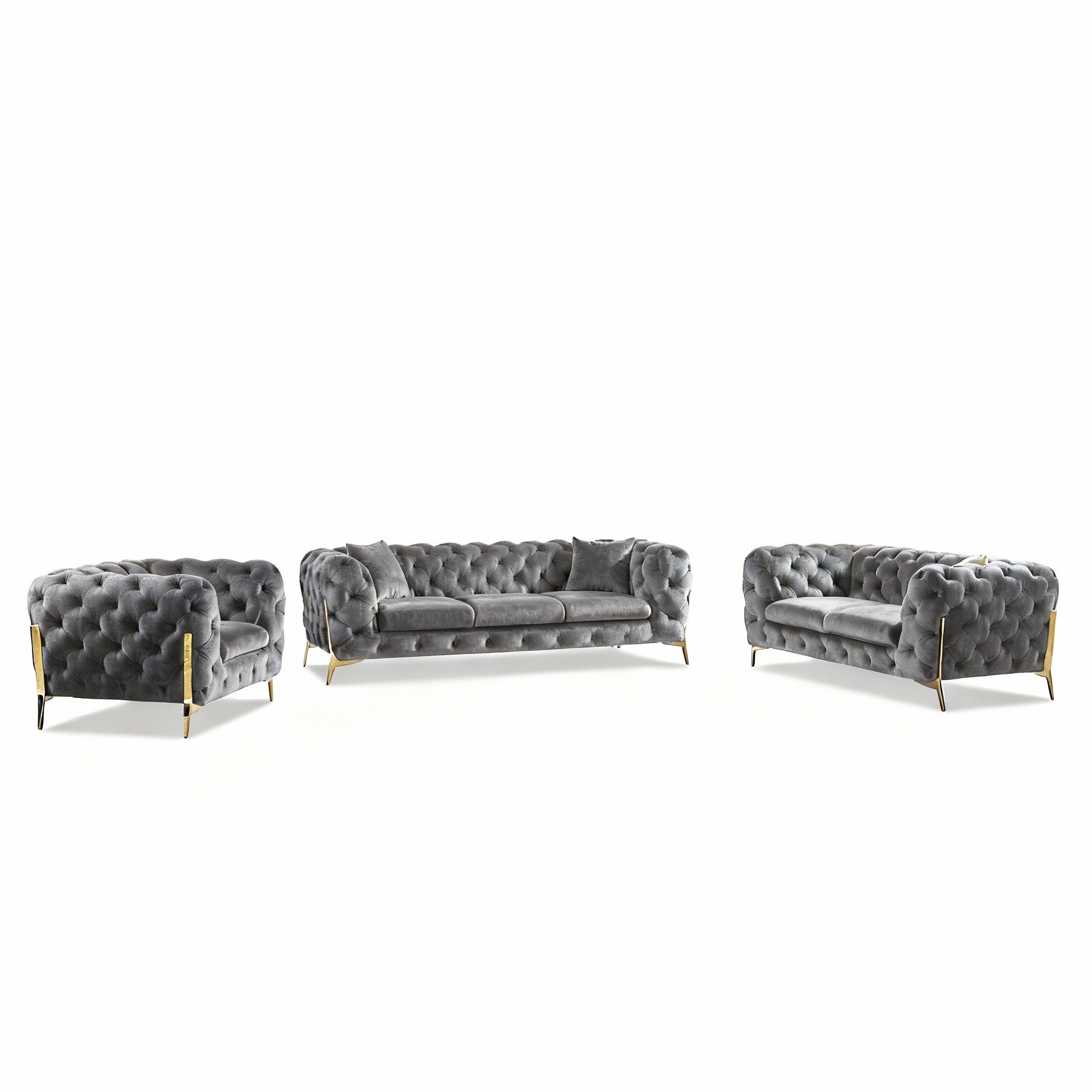 Palms-Store Sofa Monaco, zeitlose Eleganz mit edler Knopfheftung in luxuriösem Samt, Spar-Set, 3-Sitzer + 2-Sitzer + Sessel / 7 Farbvarianten verfügbar