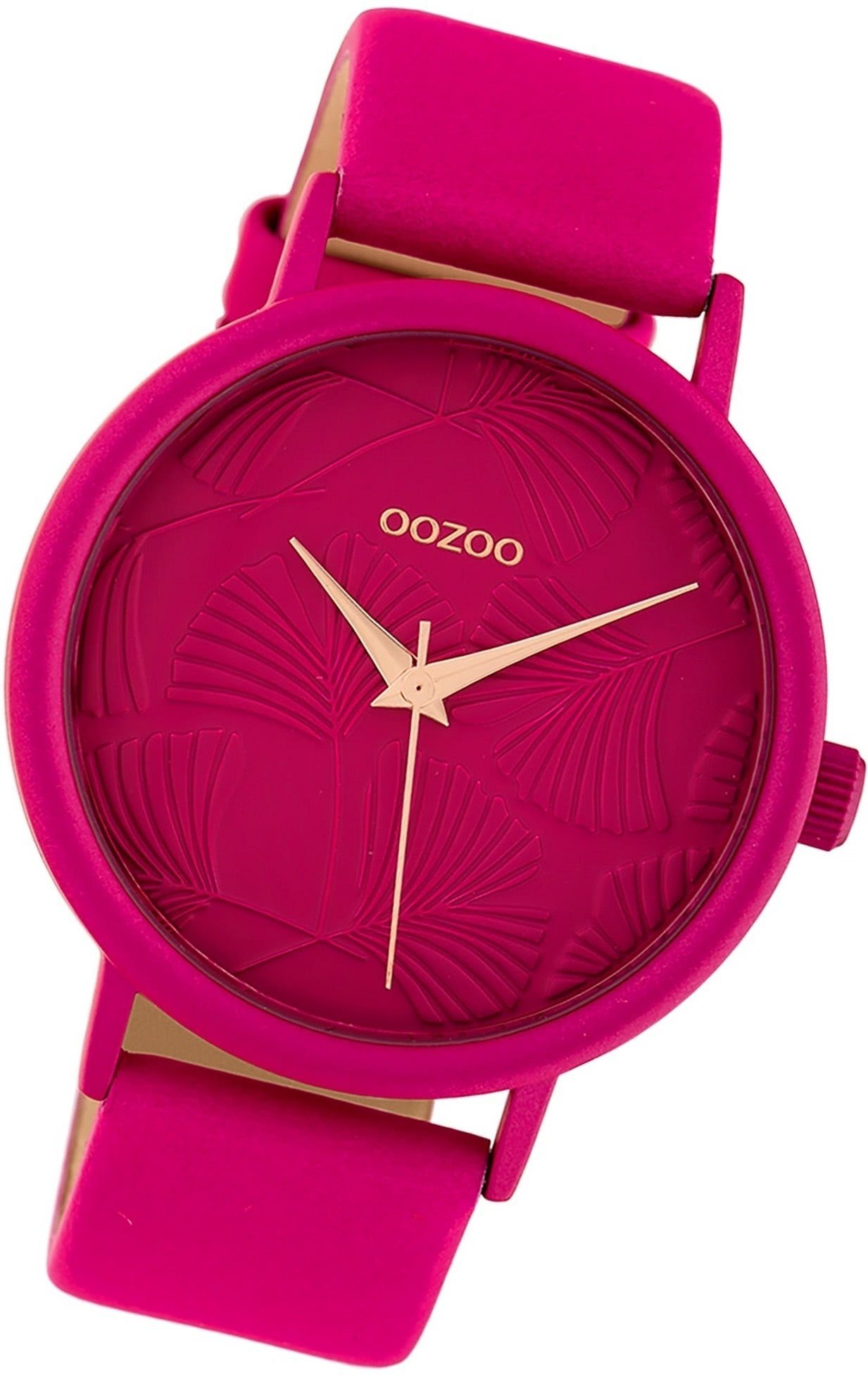 OOZOO Quarzuhr Oozoo Damen Armbanduhr Timepieces, Damenuhr Lederarmband pink, rundes Gehäuse, groß (ca. 42mm)