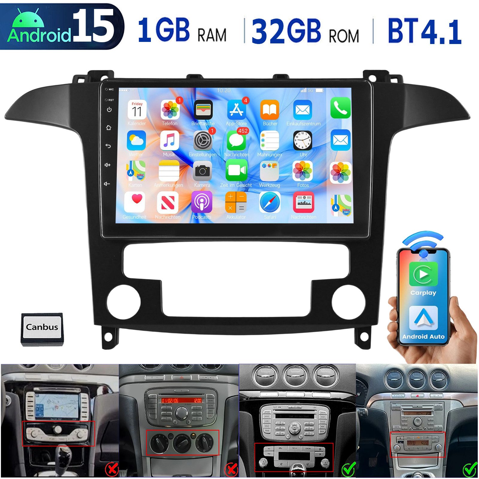 ESSGOO DAB+ Für Ford S-Max 2007-15 Android 15 Autoradio Carplay GPS Navi RDS Autoradio (RDS, 4+64GB(optional), Digitalradio (DAB), FM, AM, Carplay Android Auto Bluetooth EQ USB GPS Navi WIFI Touchscreen)