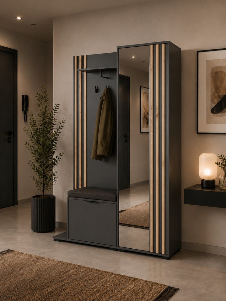 MOEBLO Kompaktgarderobe JOHN (Dielenschrank Wandschrank Regal Diele & Flur Kleiderschrank Schuhschrank, mit Spiegel Flurgarderobe Schrank Kompaktgarderobe), (BxHxT): 135x197x34cm