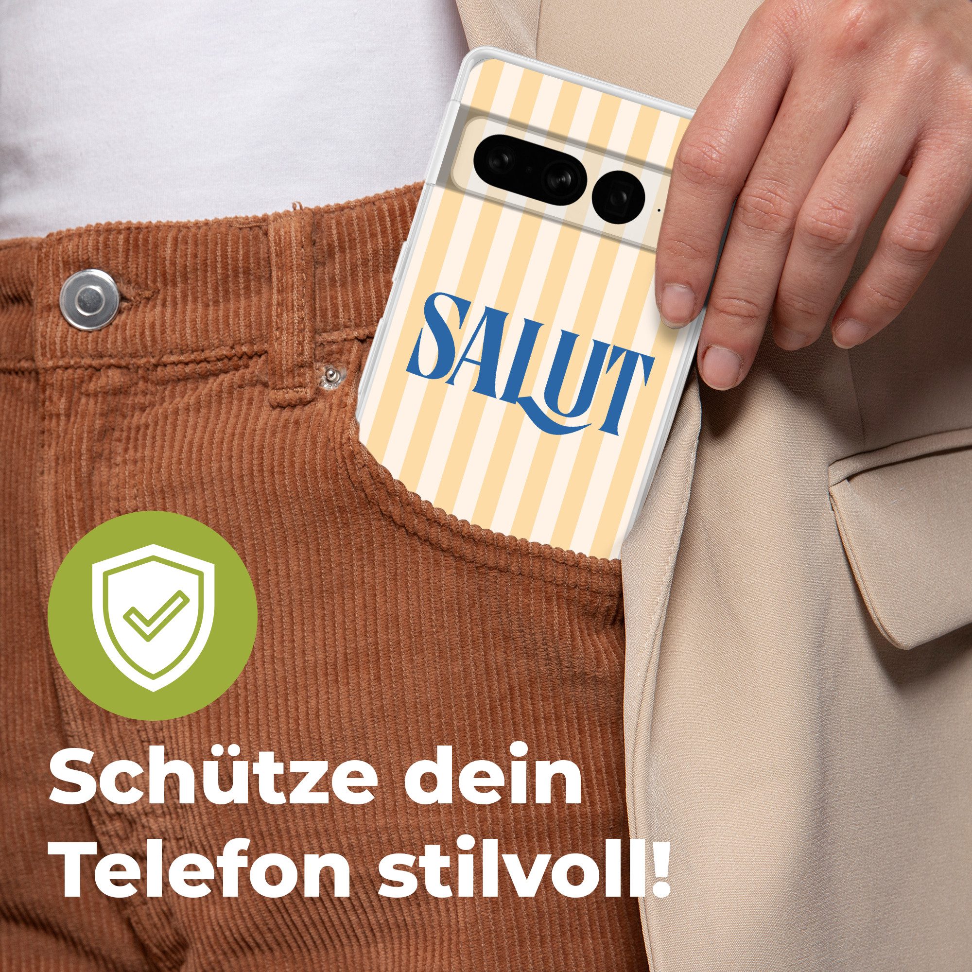 MuchoWow Handyhülle für Google Pixel 7 Pro Salut - Zitat - Streifen - Gelb - Blau - Weiß, Phone Case, Silikon, Schutzhülle Dünn