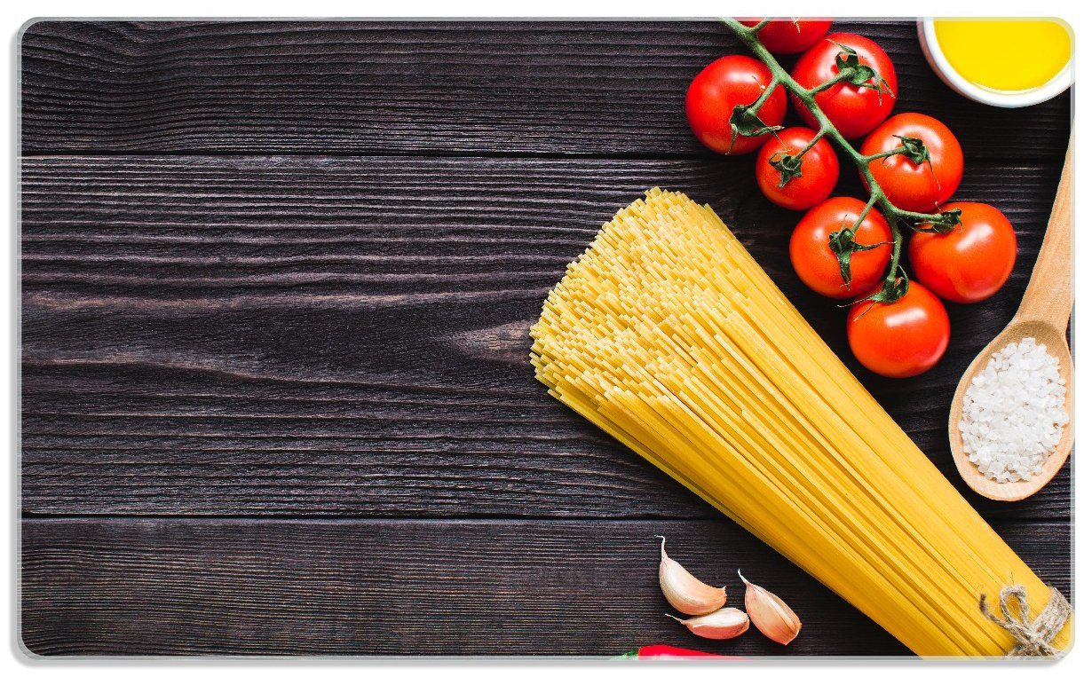 Wallario Frühstücksbrett Italienisches Menü mit Spaghetti, Tomaten, Salz und Chilischoten, ESG-Sicherheitsglas, (inkl. rutschfester Gummifüße 4mm, 1-St), 14x23cm