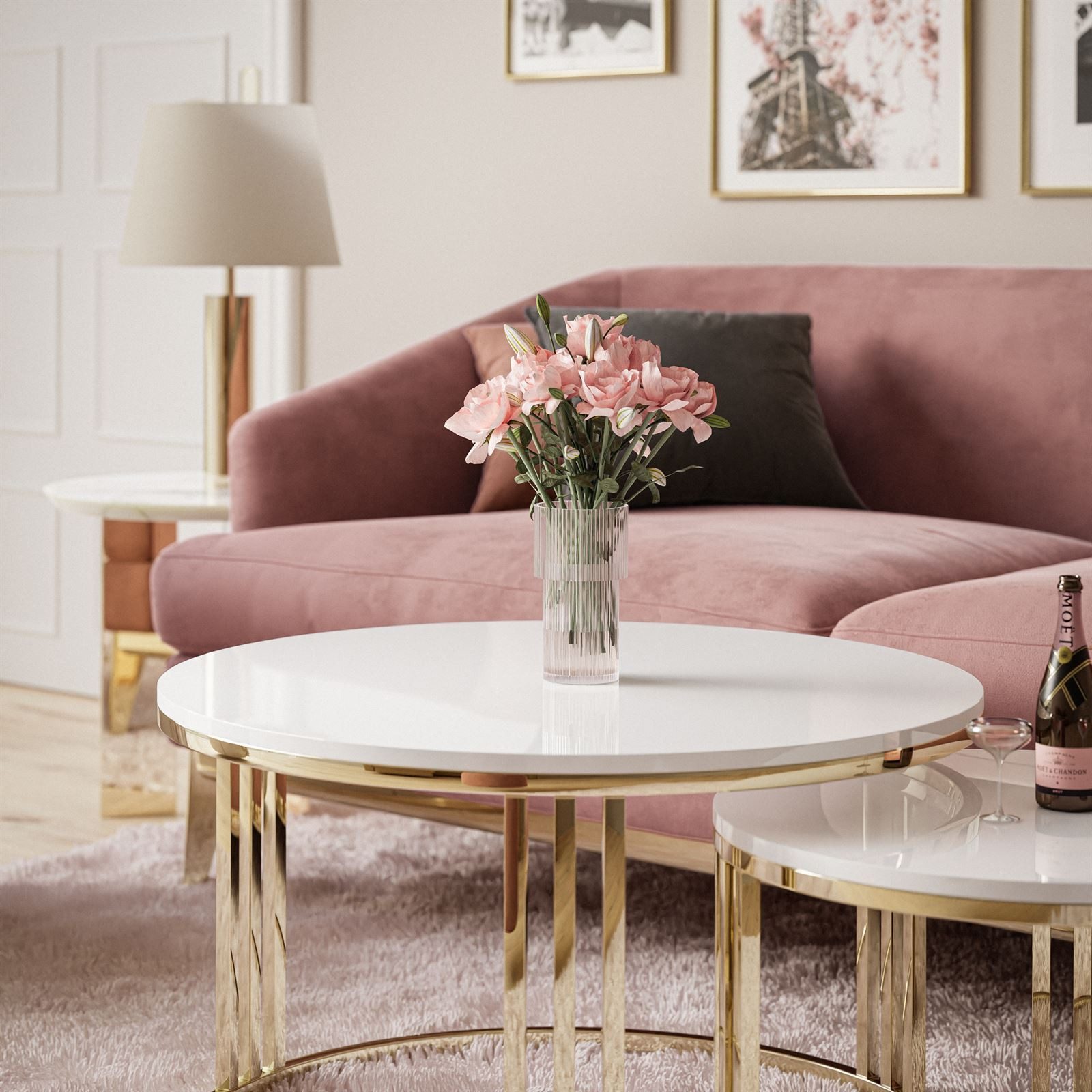 Lookway Couchtisch LORI 2in1 runder Couchtisch mit gold chrom Gestell (2er Set), Durchmesser: ⌀70 cm und ⌀50 cm