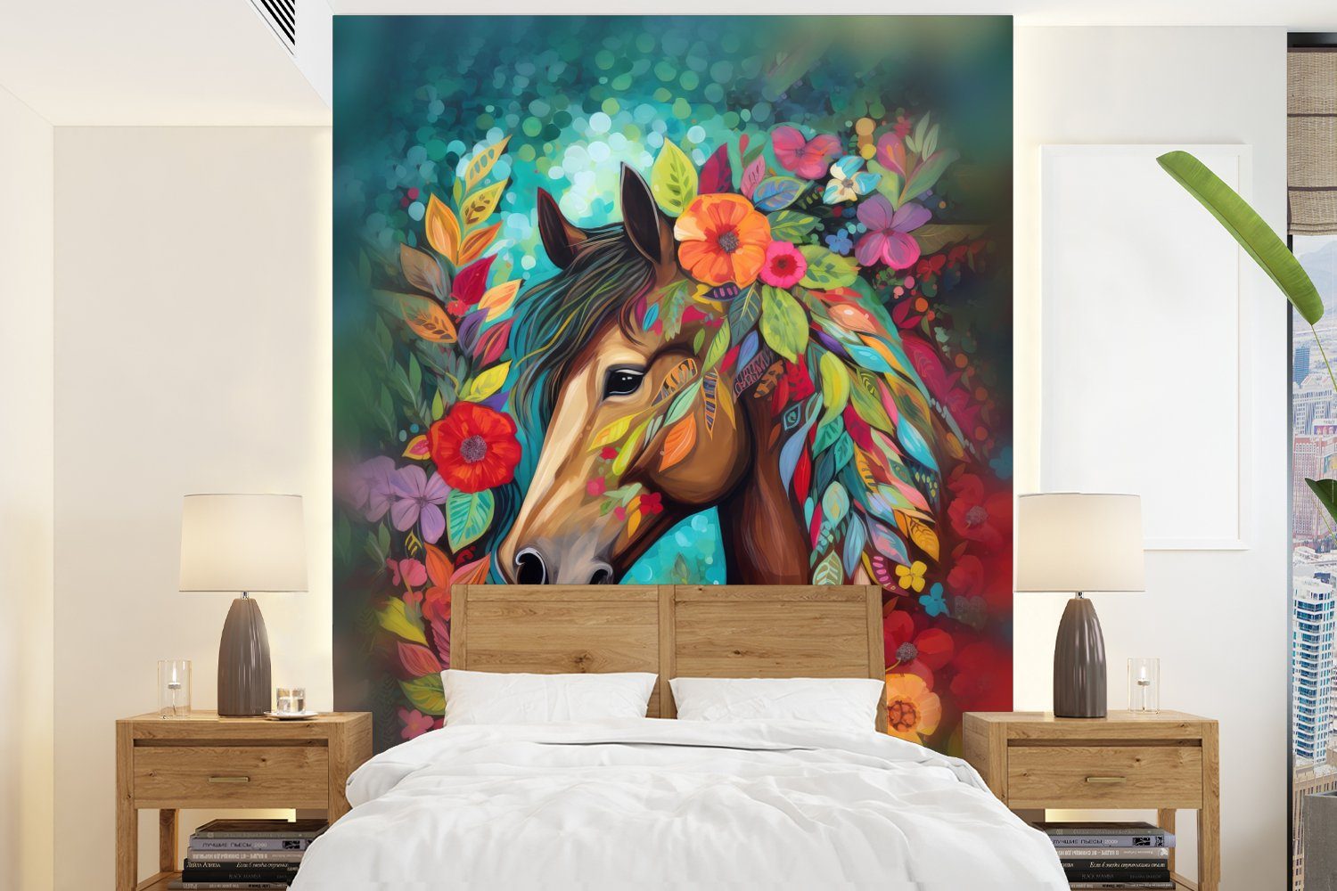 MuchoWow Fototapete Pferd - Blumen - Malerei - Natur - Farbe, Matt, bedruckt, (4 St), Montagefertig Vinyl Tapete für Wohnzimmer, Wandtapete