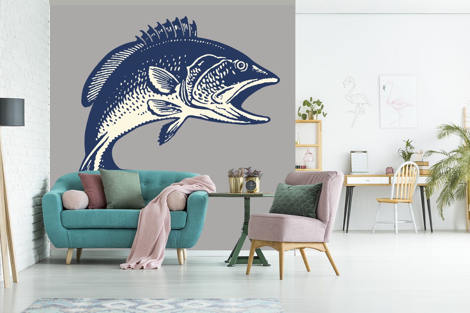 eines Tapete für oder MuchoWow Fisches bedruckt, St), grauem Schlafzimmer, Hintergrund, Illustration (5 Wandtapete Vinyl Fototapete Matt, Wohnzimmer auf