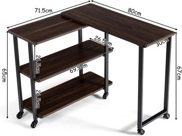 KOMFOTTEU Eckschreibtisch L-förmig, mit 3 Ablagen & 6 Rollen, 360° drehbar