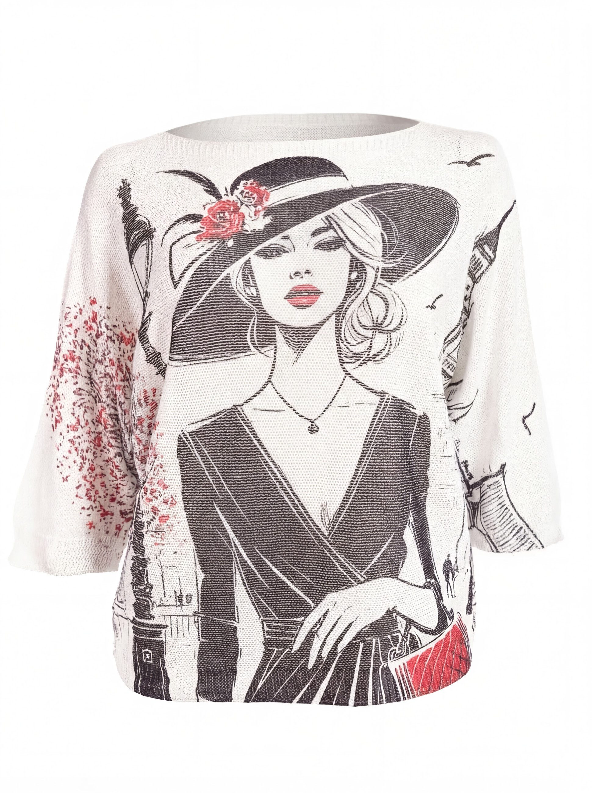 PEKIVESSA Strickpullover Fledermauspullover mit Allover-Print Dame-mit-Hut günstig online kaufen