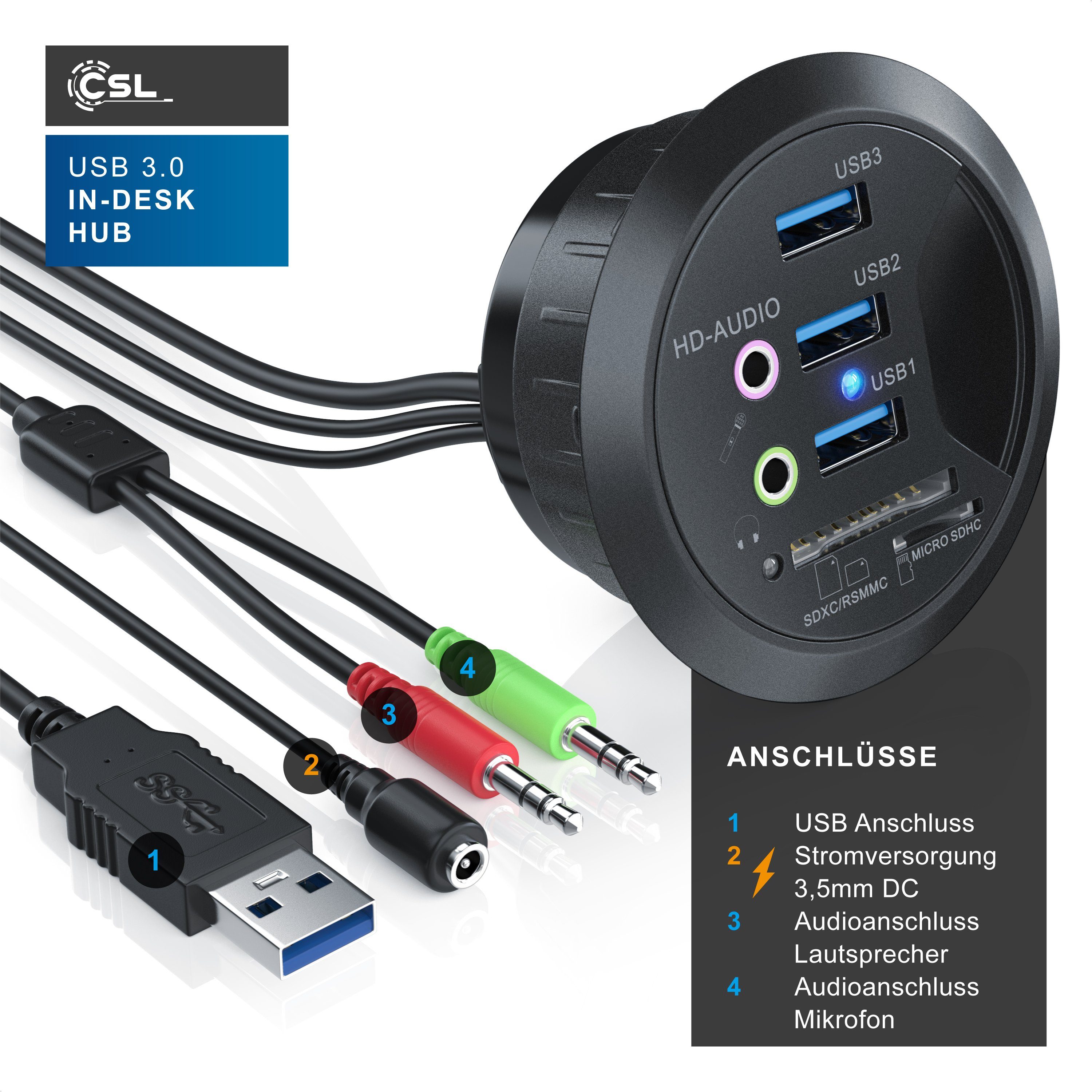 CSL Tisch USB Hub, Kartenleser, Aux, 3xUSB 3.2 Gen1, 2x3,5mm, microSD SDXC Computer-Adapter, für Kabeldurchführung, Multi-Cardreader, Tischkabeldose, In Desk Hub