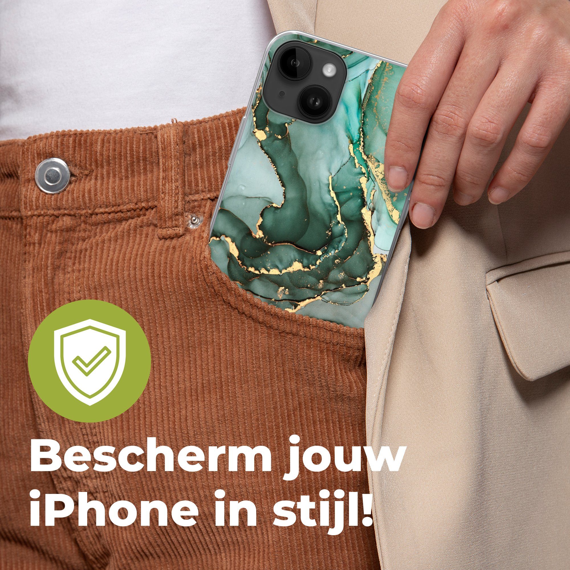 MuchoWow Handyhülle für Apple iPhone 14 Plus Gold - Marmor - Grün - Luxus - Marmoroptik -, Smartphone-Bumper, Print, Handy Schutzhülle Dünn