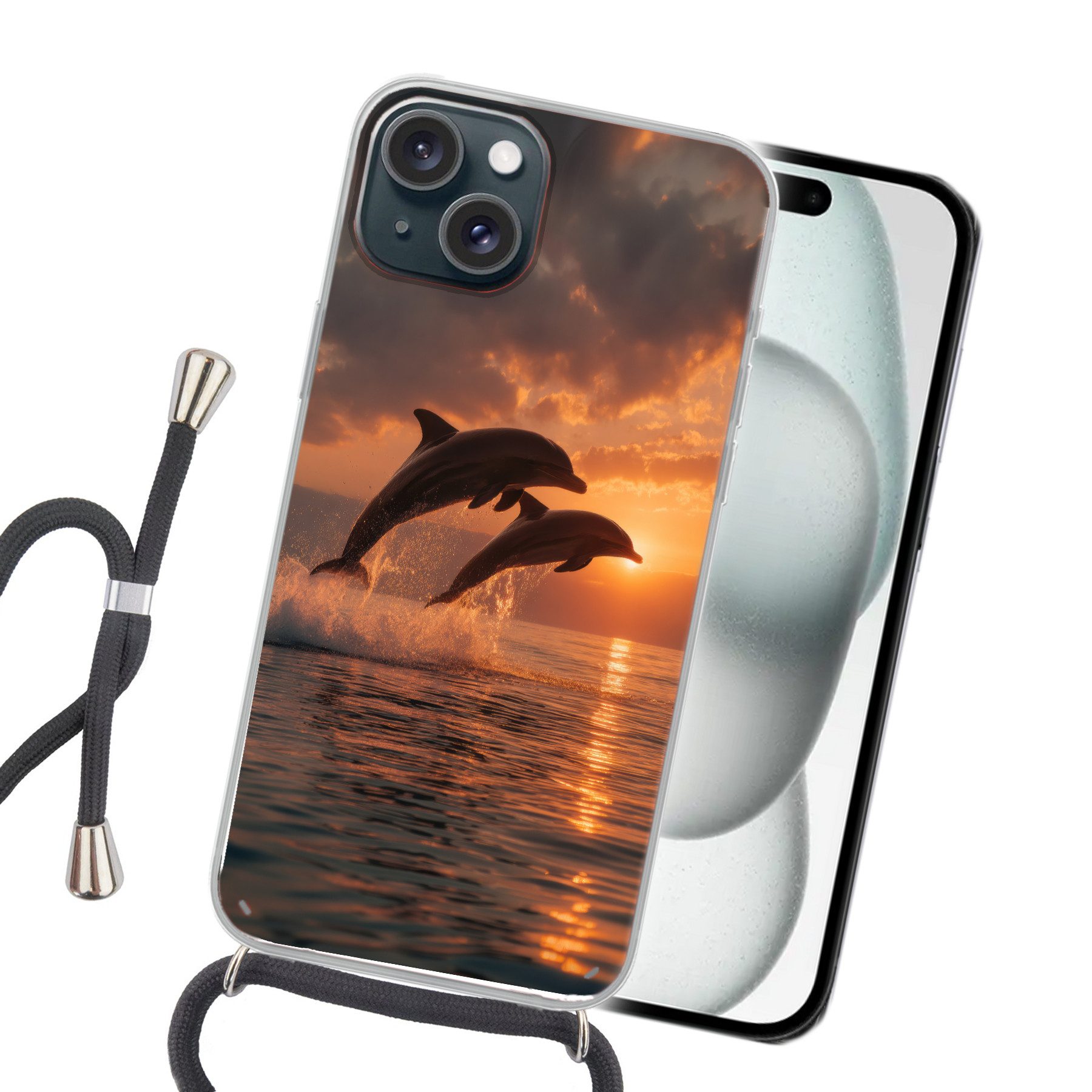 MuchoWow Handyhülle für Apple iPhone 15 Plus Delfine - Meer - Realistisch, Tragbare Handyhüllen mit Kette zum umhängen, Handykette Handyband