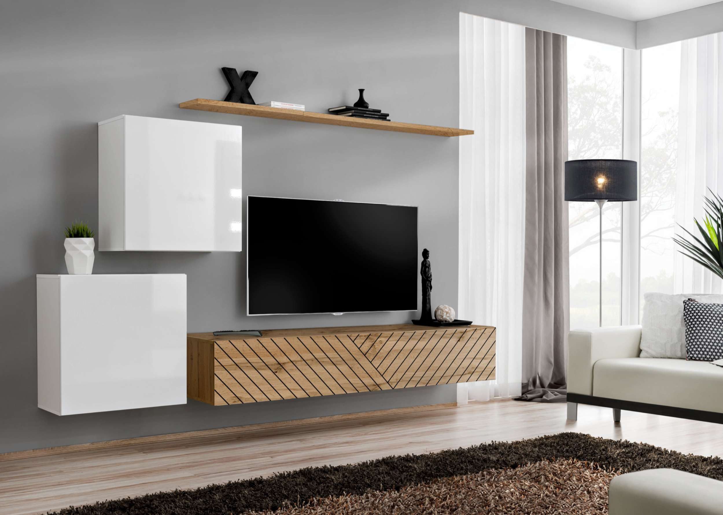 99rooms Wohnwand Swotch V L, (Set (4 St), Wohnzimmer-Set), bestehend aus 1×Lowboard, 2×Wandschrank, 1×Wandboard, hängend