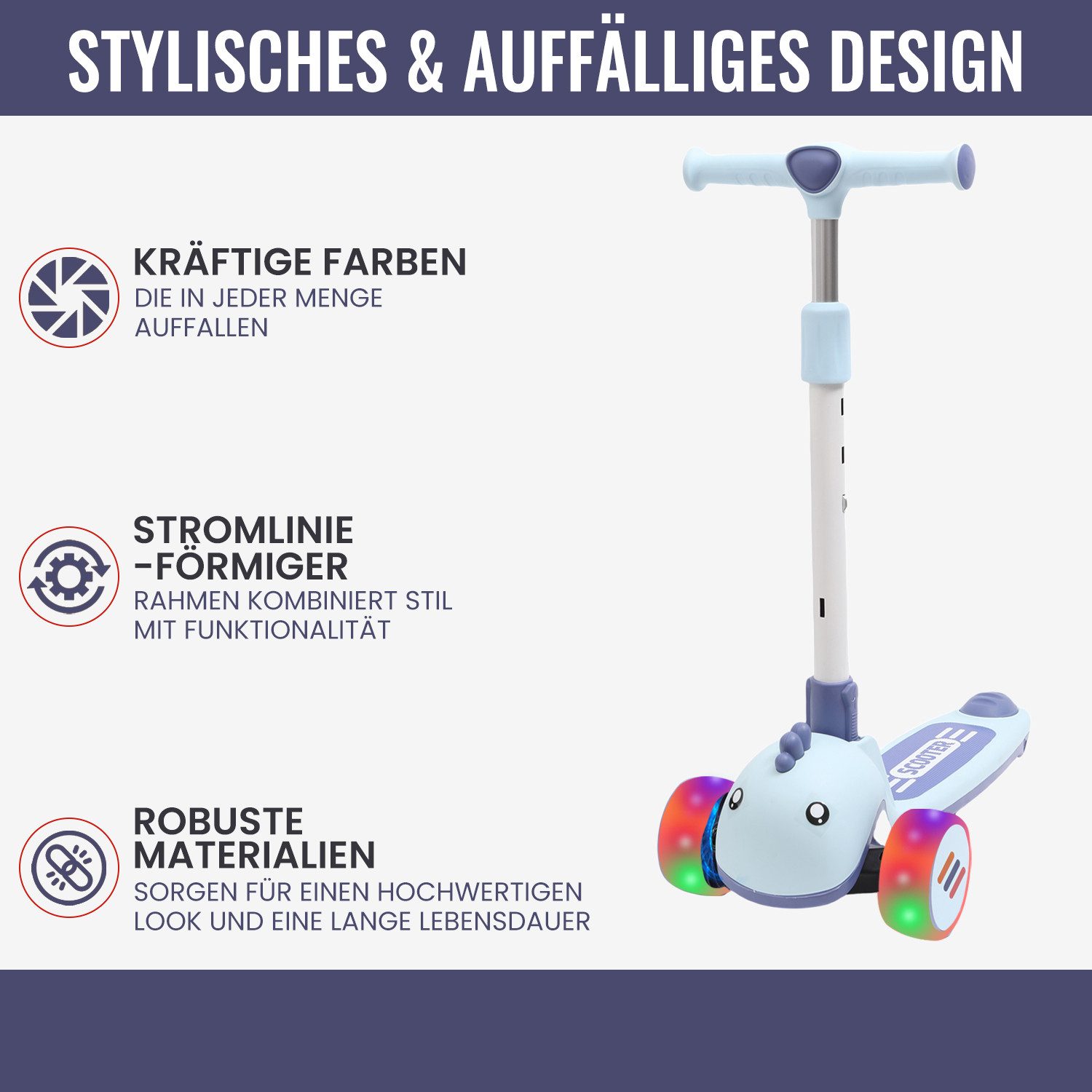 Habib Gruppe Dreiradscooter Kinderroller mit Tier-Design, 3-Rad, LED-Licht & Faltbar
