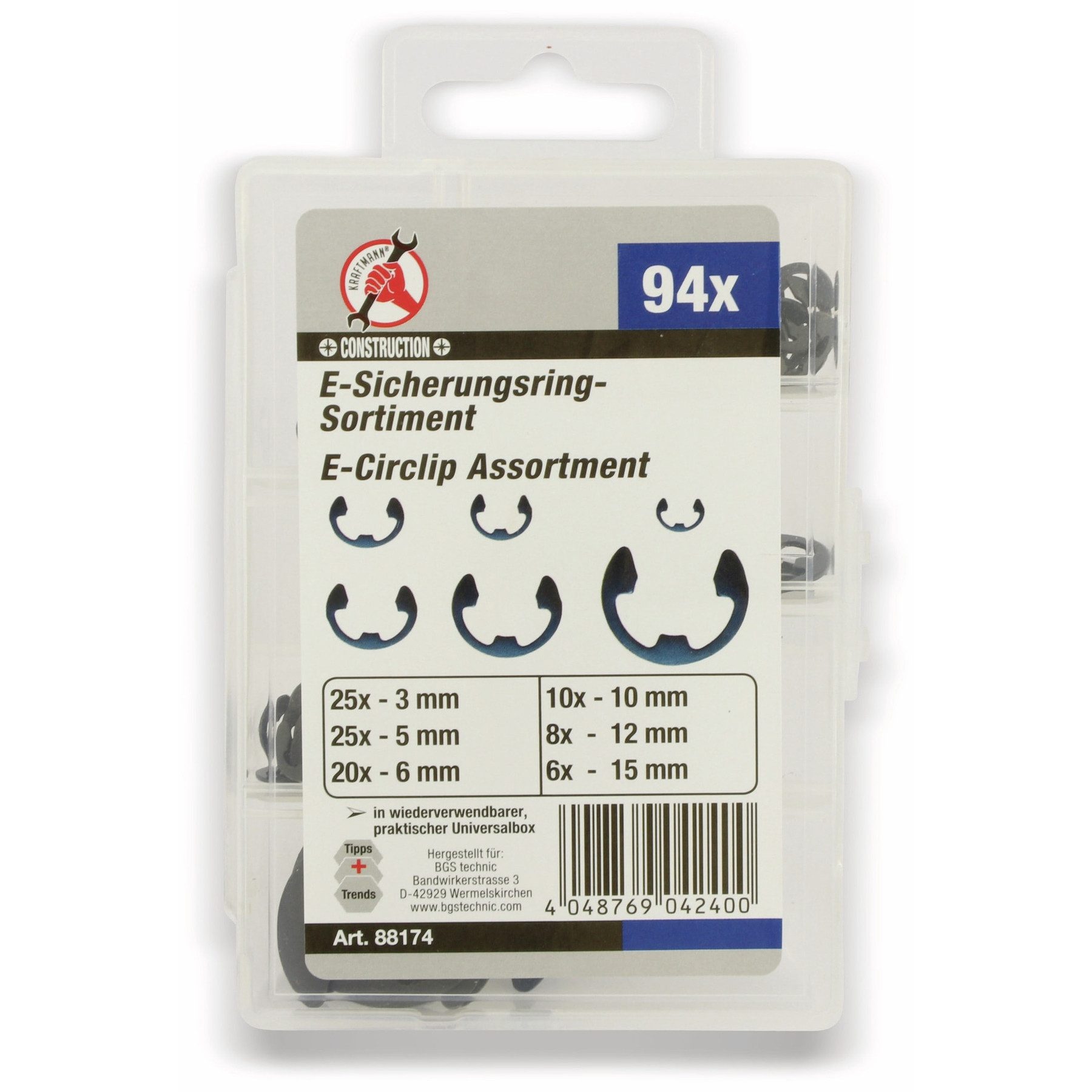 BGS technic Sicherungsring BGS TECHNIC E-Sicherungsring-Sortiment, 94 Stück