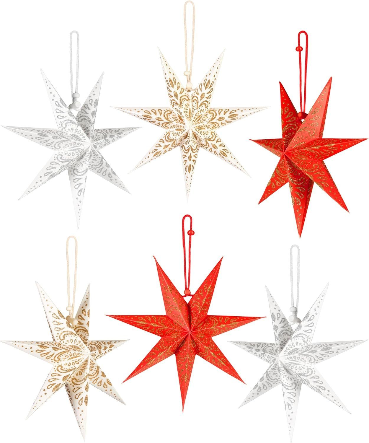 BRUBAKER Papiersterne 6 Weihnachtssterne - 20 cm Faltsterne Weihnachten - Papier Sterne, Großer Christbaumschmuck für Weihnachtsbaum und Fenster Dekoration Rot und Weiß