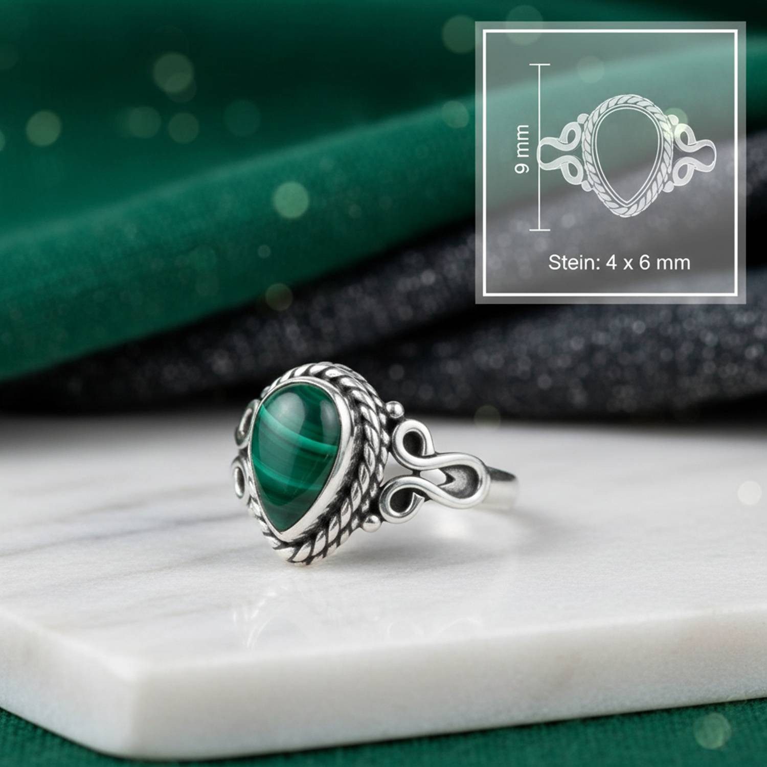 mantraroma Silberring BHAGUS aus 925 Silber mit Malachit (Ring mit Schmuckbeutel), Damenring aus 925er Silber