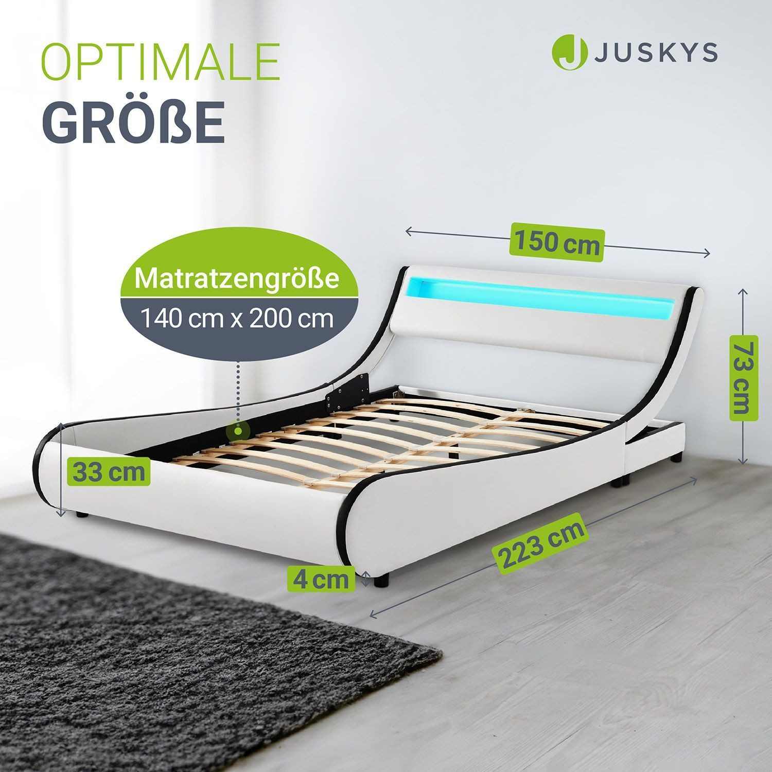 Juskys Polsterbett Valencia, 180x200 cm, mit Matratze und LED-Leiste, Beleuchtung steuerbar