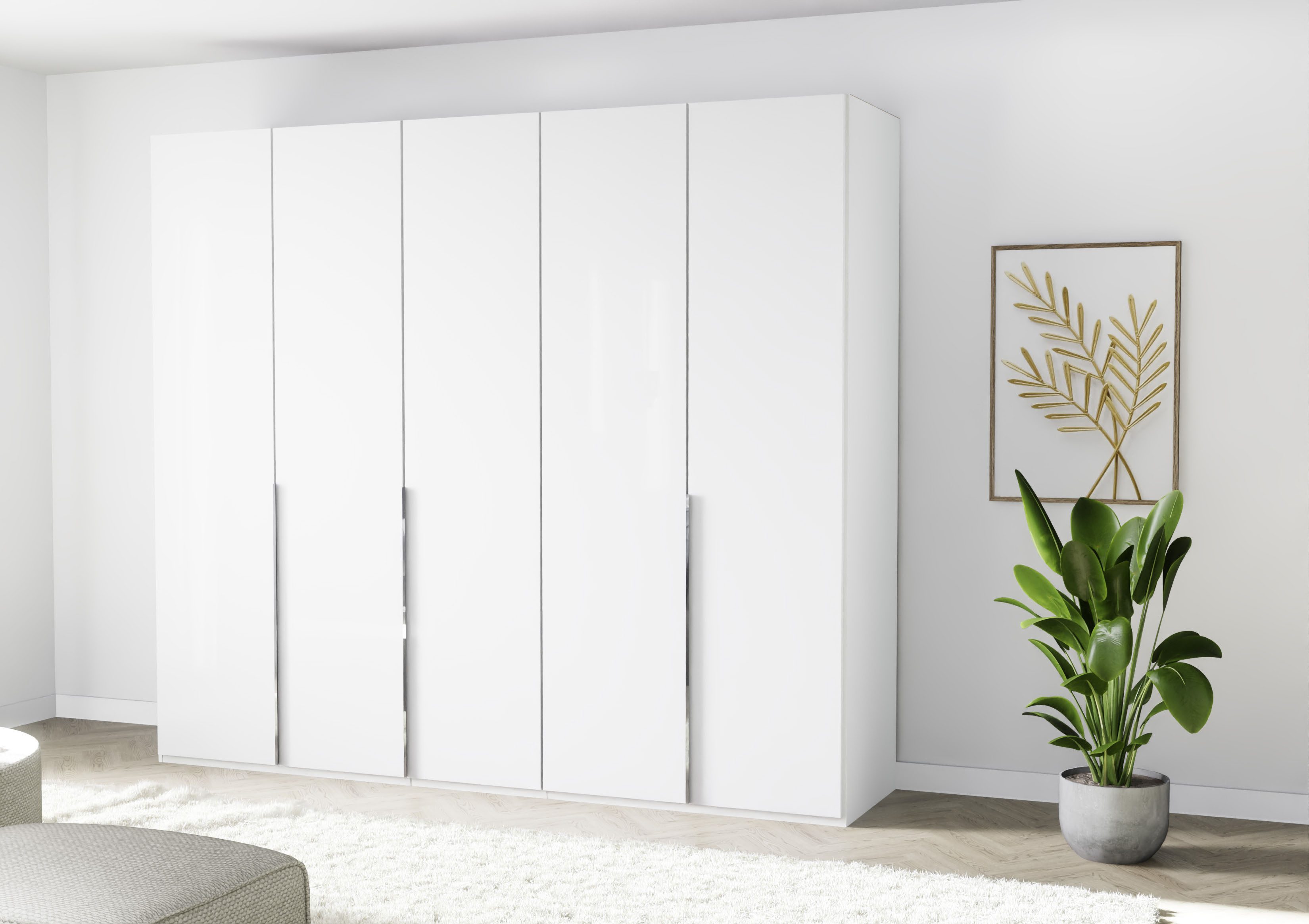 Musterring Kleiderschrank San Diego, Kleiderschrank, Schrank, Garderobe, mit Glastüren (1-St., weiß, Türen gedämpft, 2 Höhen, mehrere Breiten, MADE IN GERMANY) 5-türig (gedämpft), 6 Böden, 3 Kleiderstangen, Chromgriffe