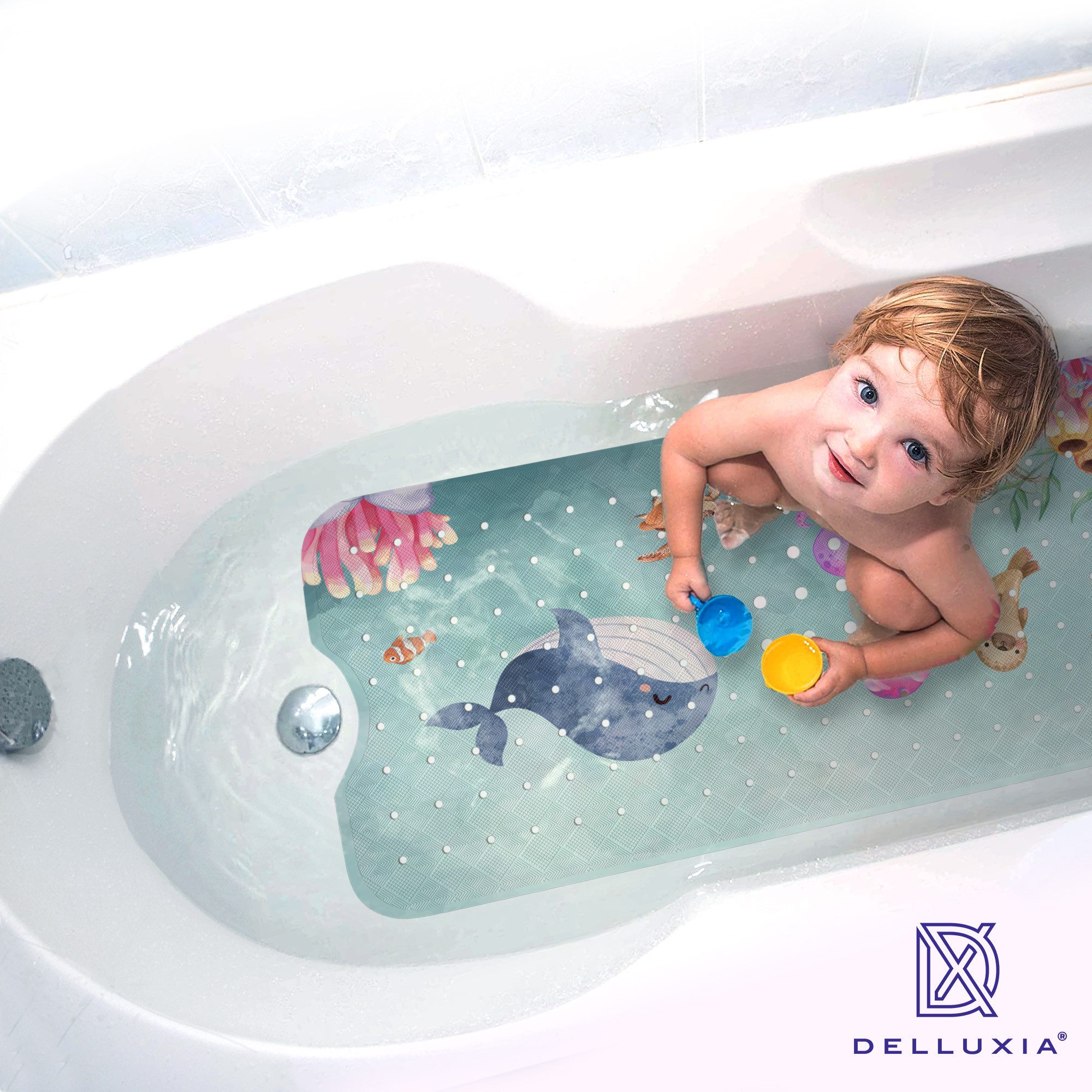 Delluxia Wanneneinlage Badewannenmatte Kinder rutschfest XL, B: 40 cm, L: 100 cm, inkl. Aufhängung, geruchsfrei, schimmelfrei, ohne Weichmacher