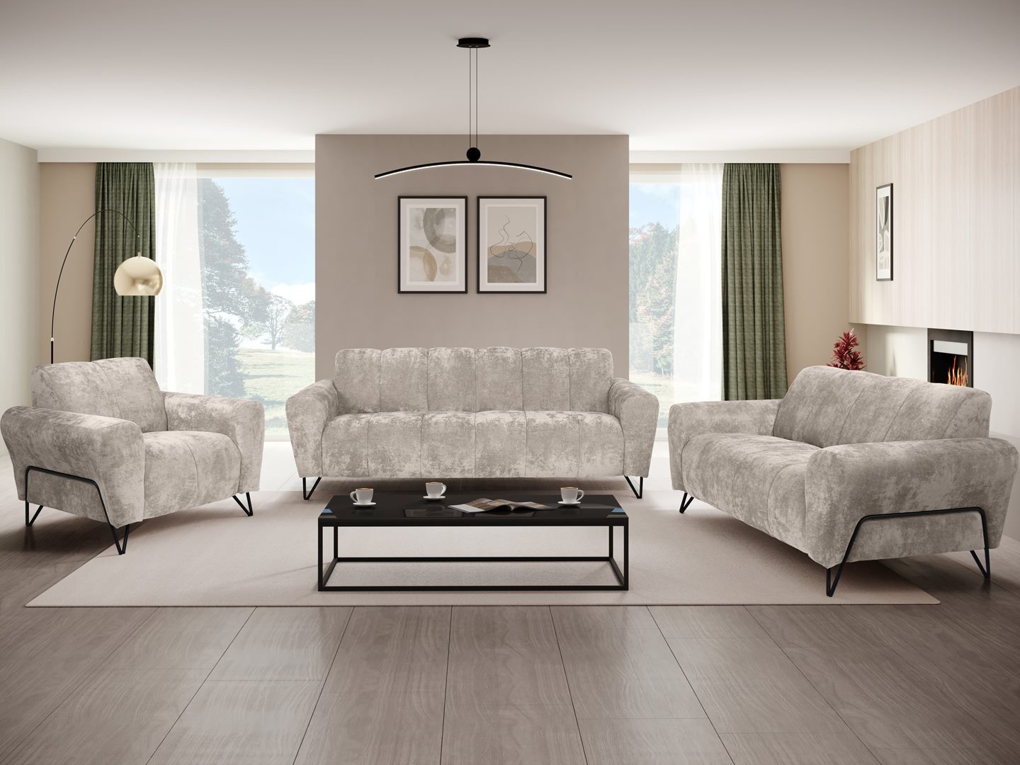 Beautysofa Polstergarnitur mit Metallbeine in schwarzer VOLARE, 3-Sitzer Sofa +2-Sitzer Sofa + Sessel, viele Farbvarianten