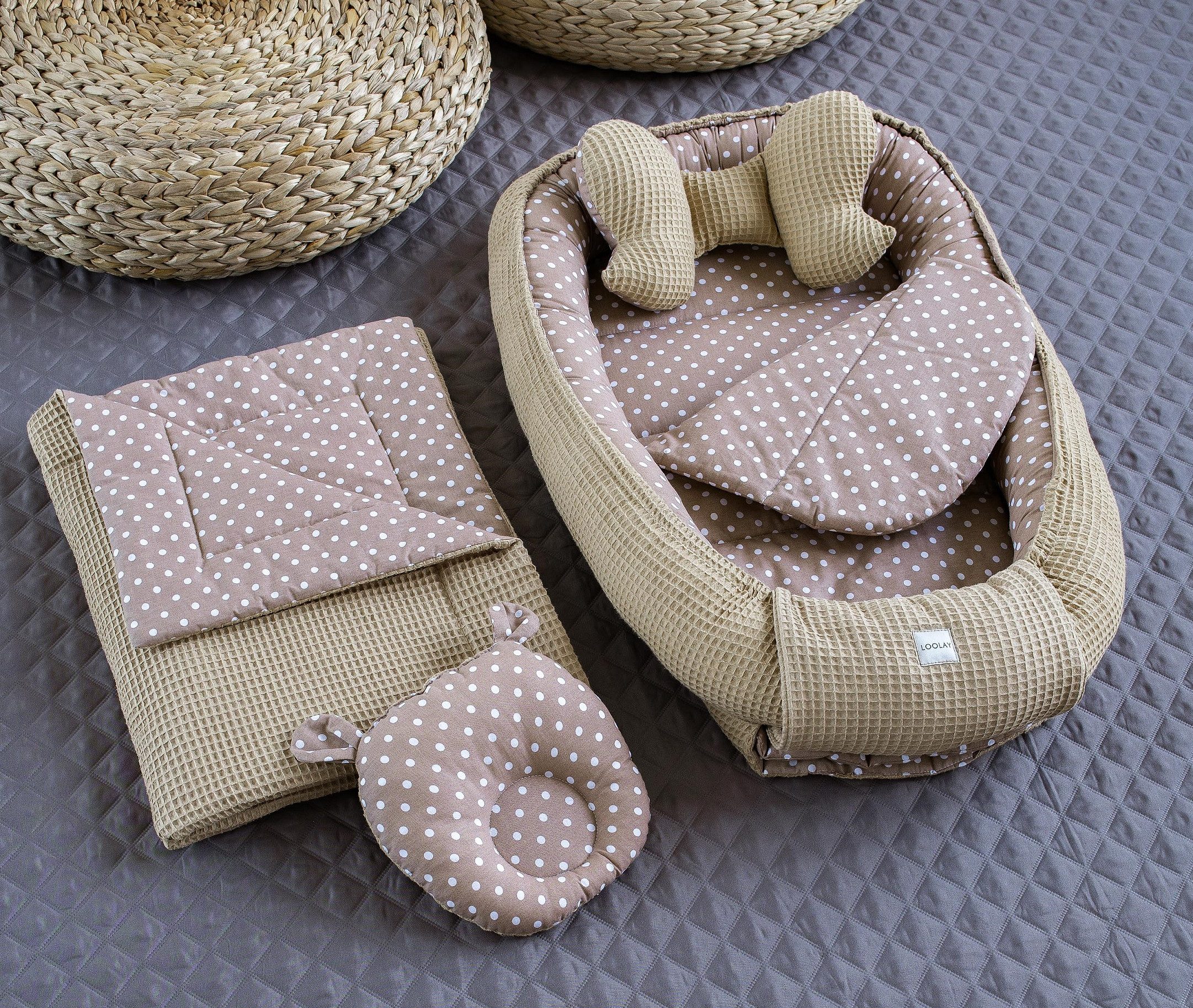 Bettnestchen Taupe WAFFELPIQUE/ Braun PUNKTE 5 TLG SET Babynest Babyausstattung
