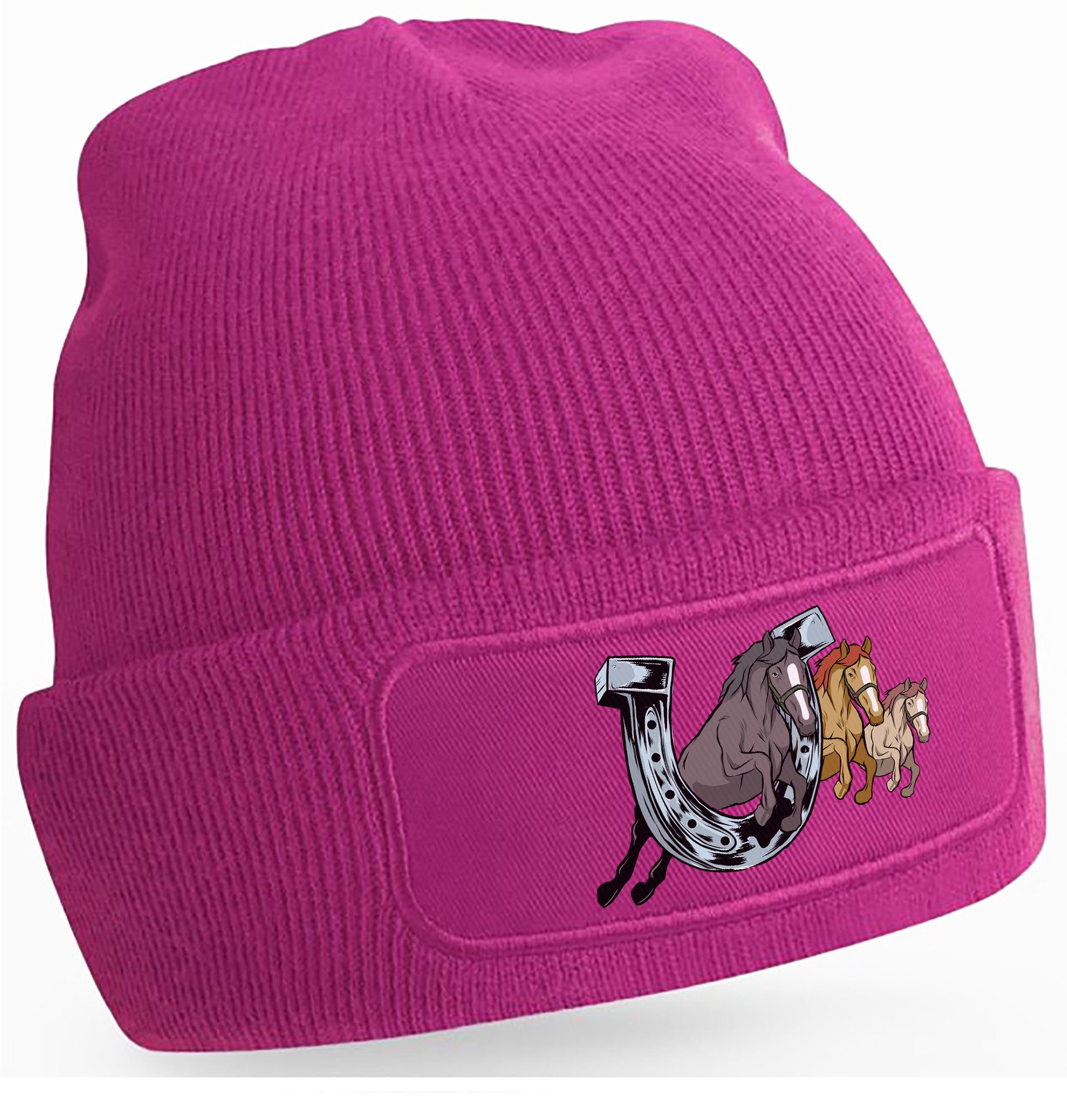 MyDesign24 Strickmütze für kalte Tage - Beanie mit springenden Pferden Print Coole Pferde Mütze Wintermütze i145
