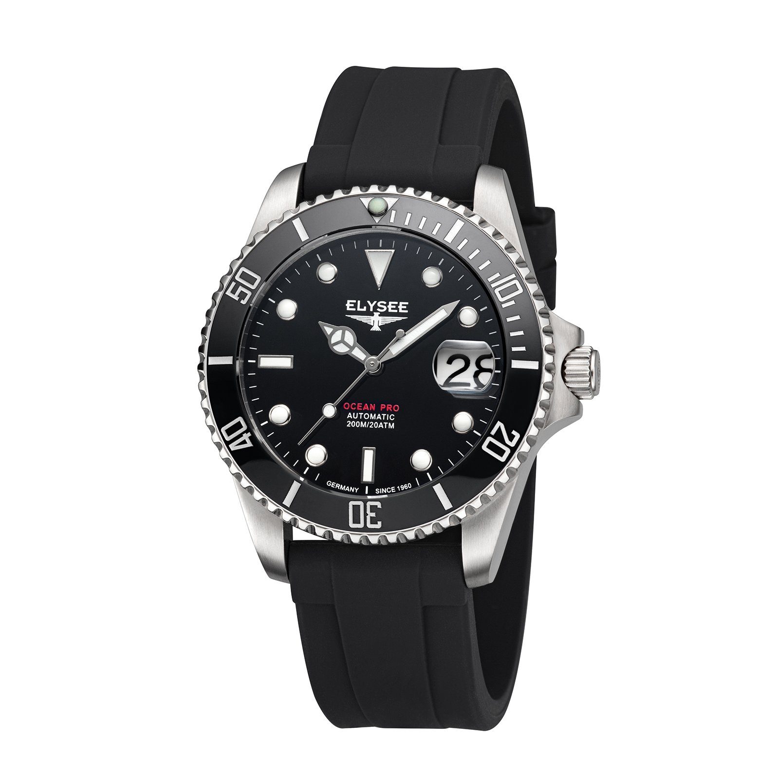 Elysee Automatikuhr OCEAN PRO CERAMIC, schwarz Datumsanzeige, Silikonarmband