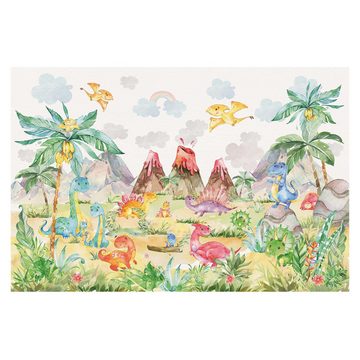 Bilderdepot24 Kindertapete Wilde Dinowelt Aquarell Wald Illustration Kinder Natur Landschaft bunt, Glatt, Matt, (Inklusive Gratis-Kleister oder selbstklebend), Mädchenzimmer Jungenzimmer Babyzimmer Bildtapete Fototapete Wandtapete