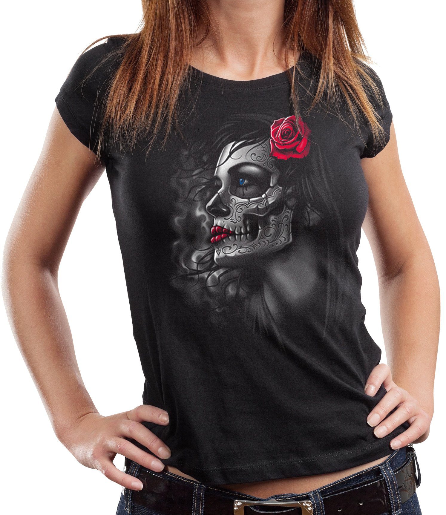 T-Shirt Damen Lady Biker-Shirt: Lady-Skull Rose