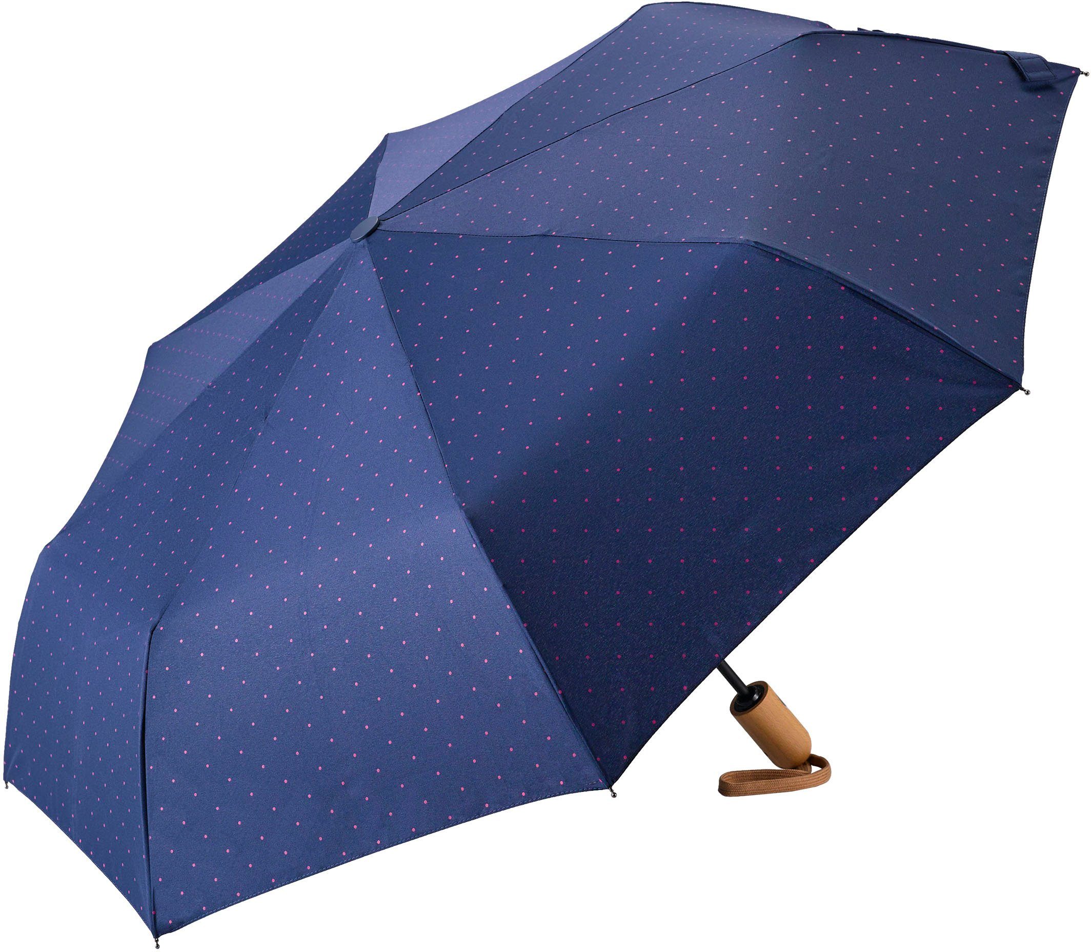 EuroSCHIRM® Taschenregenschirm Taschenschirm 32P7, Punkte pink, marineblau, Punkte pink, kompakte Größe, Automatik, Buche Holzgriff