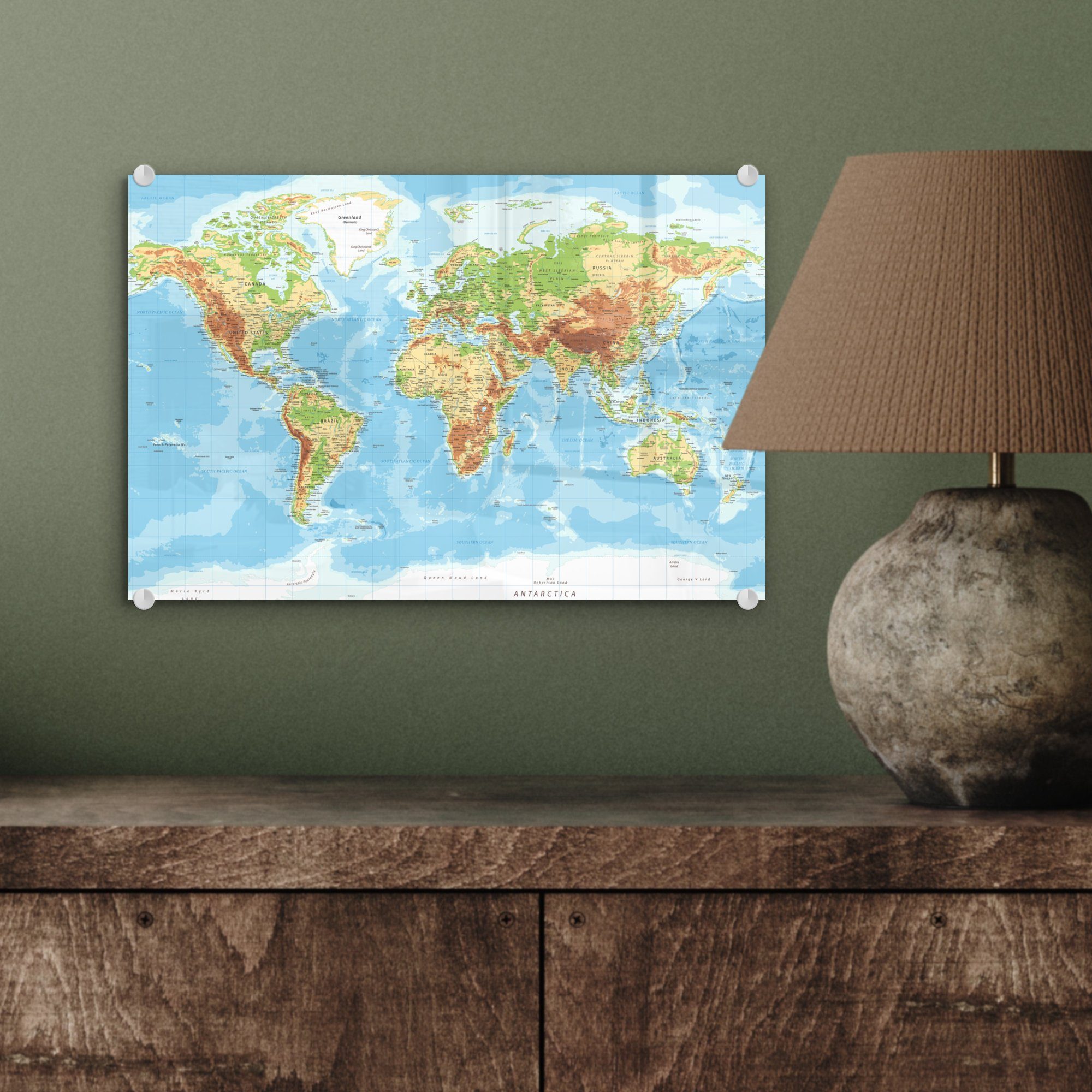 MuchoWow Acrylglasbild Weltkarte - auf - Glas Bilder Atlas auf - Wanddekoration Glasbilder Topographie, - - Wandbild St), (1 Glas Foto