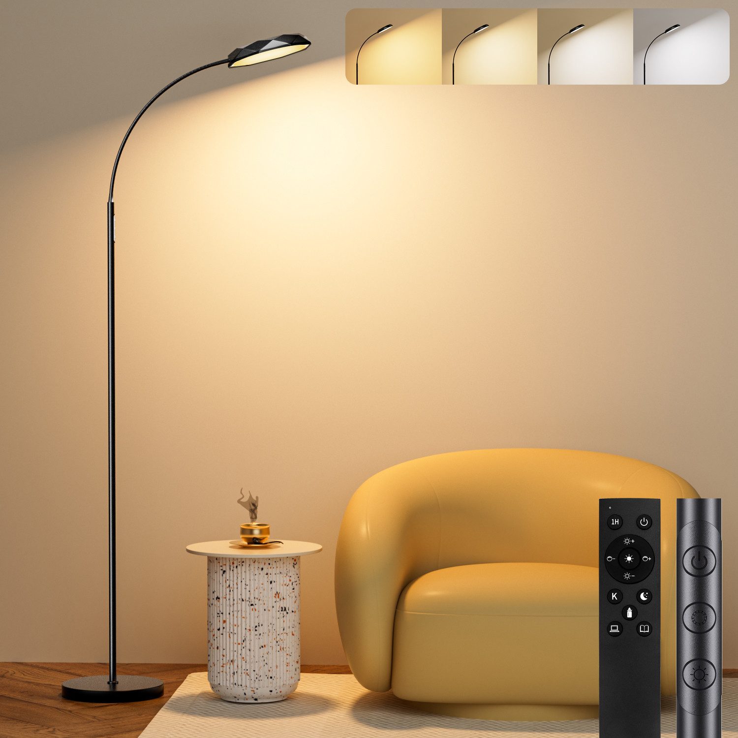 Lujasi LED Stehlampe 18W 2000LM Dimmbar Sofa Leselampe mit 4 Farbtemperatur, Fernbedienung, lineare Leuchtdichte, Stehlampe Wohnzimmer, deckenfluter, Kaltweiß/natürliches Licht/Warmweiß, 1 h Timer, Schwanenhals-Standlicht mit Touch für Schlaf- & Büro