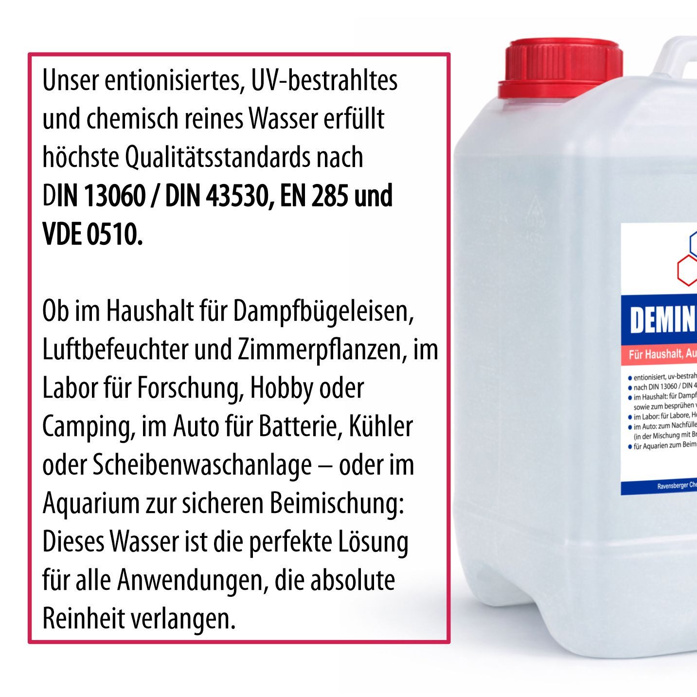 Ravensberger Chemie Bügelwasser VE-Wasser Demineralisiertes Wasser - 5 L, 5 Liter Kanister von Ravensberger Chemie -, kalkfrei für Auto, Batterie, Haushalt, Dampfbügeleisen und Labor