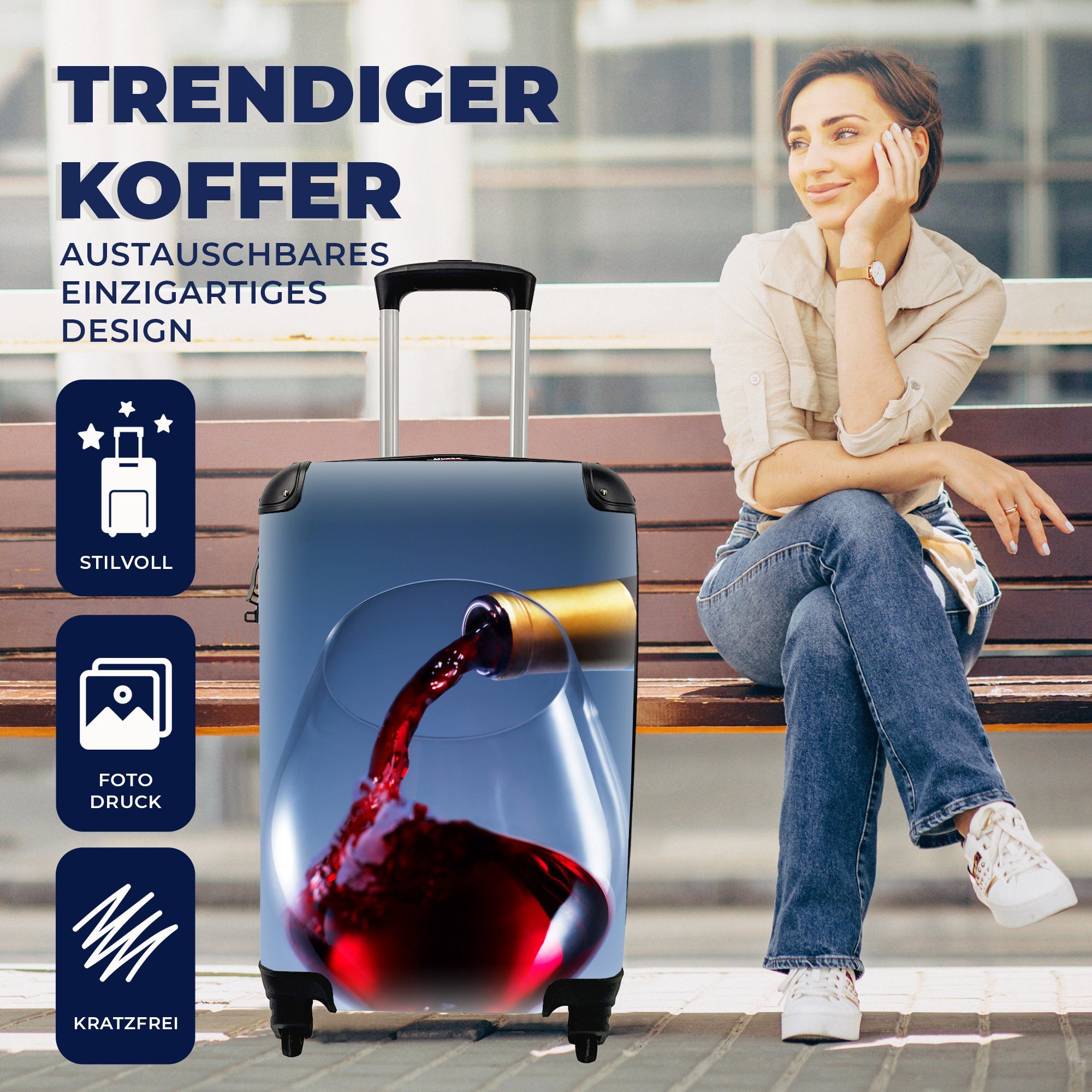 Handgepäckkoffer für Handgepäck MuchoWow Rollen, wird rollen, in Rotwein mit 4 ein gegossen, Ferien, Reisetasche Trolley, Reisekoffer Glas