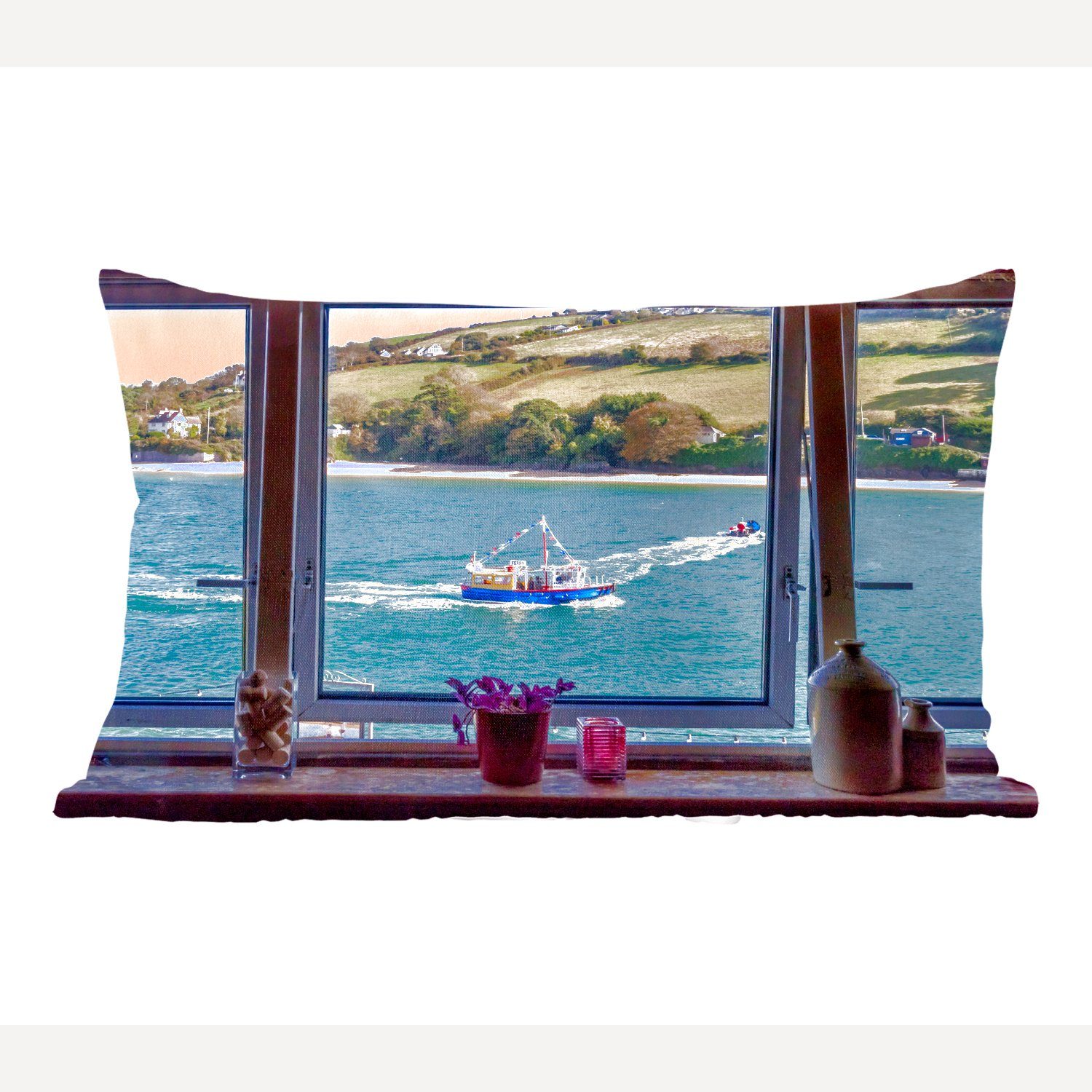 MuchoWow Dekokissen Blick auf das Meer und ein Boot, Wohzimmer Dekoration, Zierkissen, Dekokissen mit Füllung, Schlafzimmer | Dekokissen