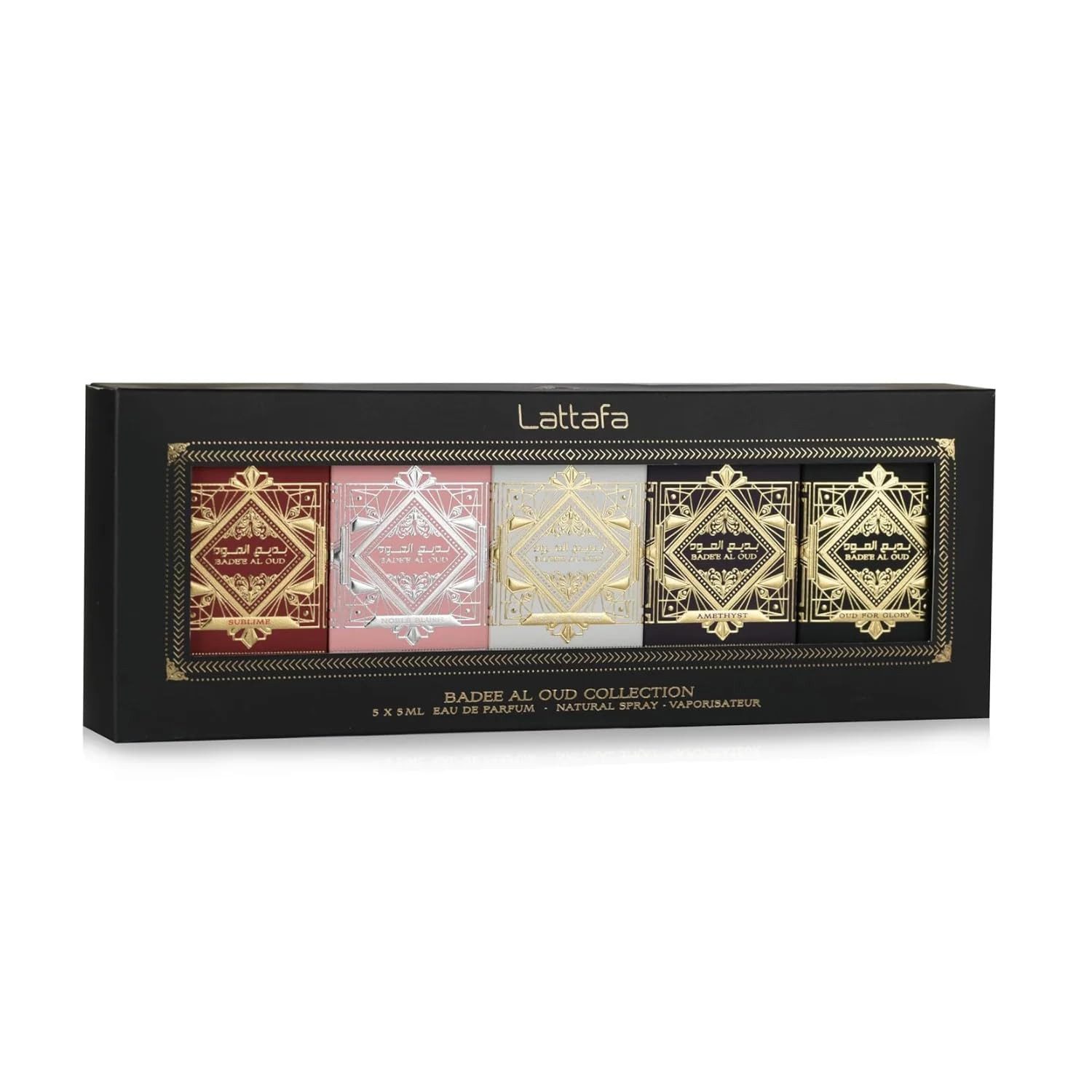 Lattafa Duft-Set Badee Al Oud, 5-tlg., Honor & Glory; Sublime; Amethyst; Oud for Glory; Noble Blush;