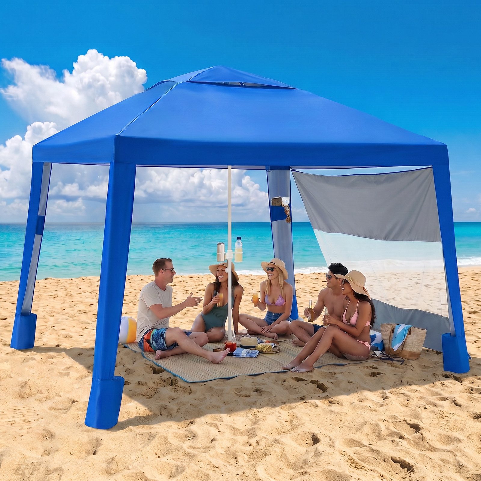 Sekey Strandmuschel 240 × 240 cm Pavillon Strandzelt Sonnensegel mit Seitenvorhang, Höhenverstellbar, mit Klappbarer Getränkehalter, UV Schutz 50+