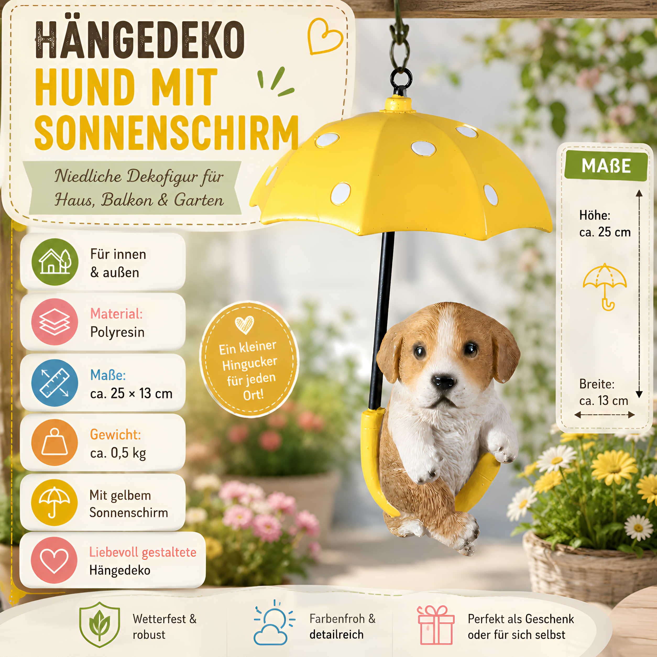 colourliving Tierfigur Hängedeko mit Regenschirm – Fenster- & Gartendeko mit Hund oder Biene (1 St), 3 liebevolle Motive zur Auswahl