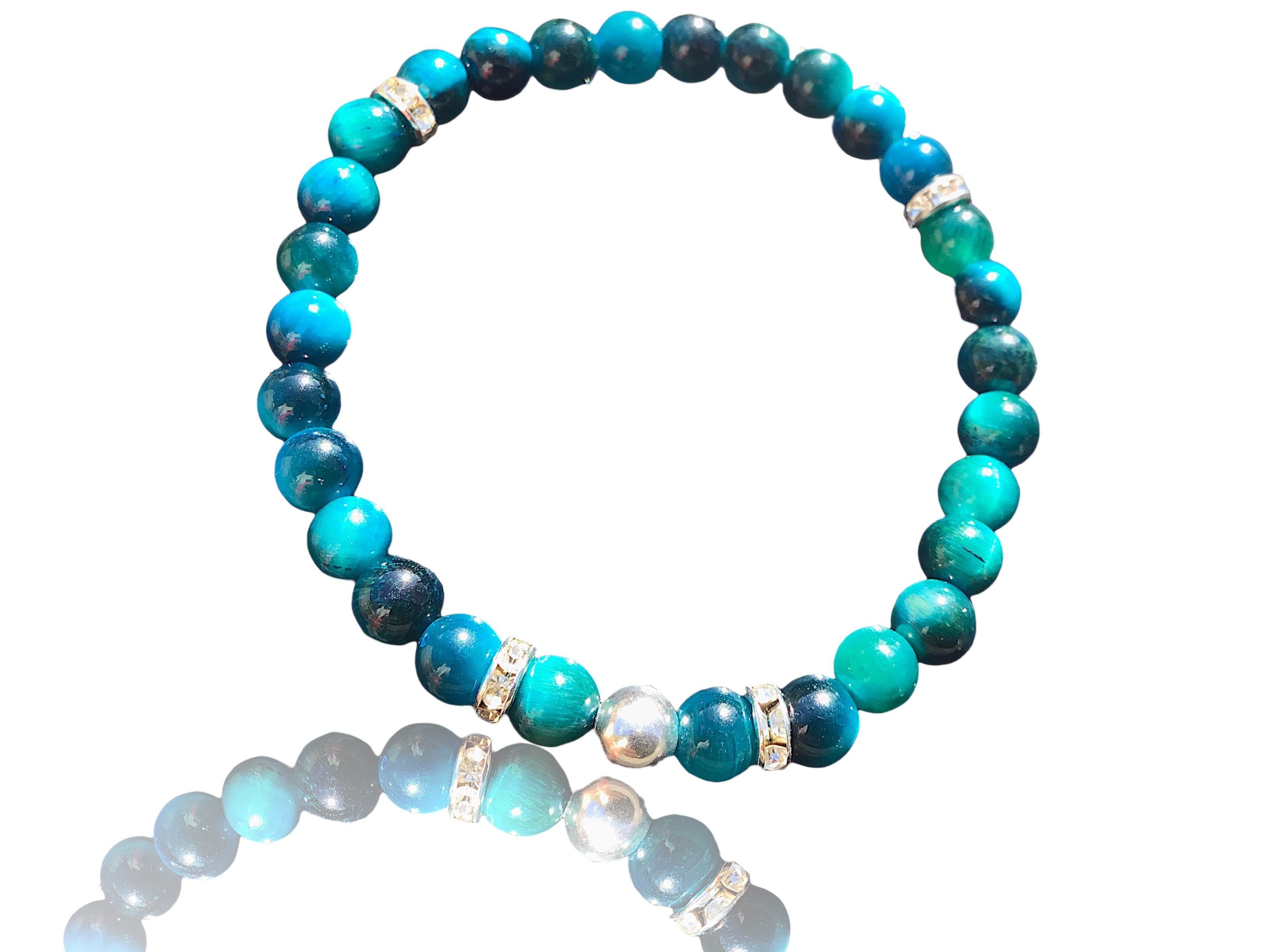 Steinfixx® Perlenarmband Blaues Tigerauge Perlenarmband handgemacht mit 925 Silber Perle (elegant schillernd in blau-türkis, 1-tlg., versilberte Trenner, Handmade), starker Schutzstein gegen negative Energien