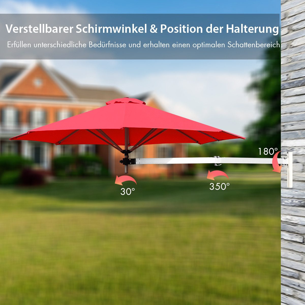 COSTWAY Sonnenschirm, wandmontiert & kippbar, UPF 50+, Ø 247cm, für balkon