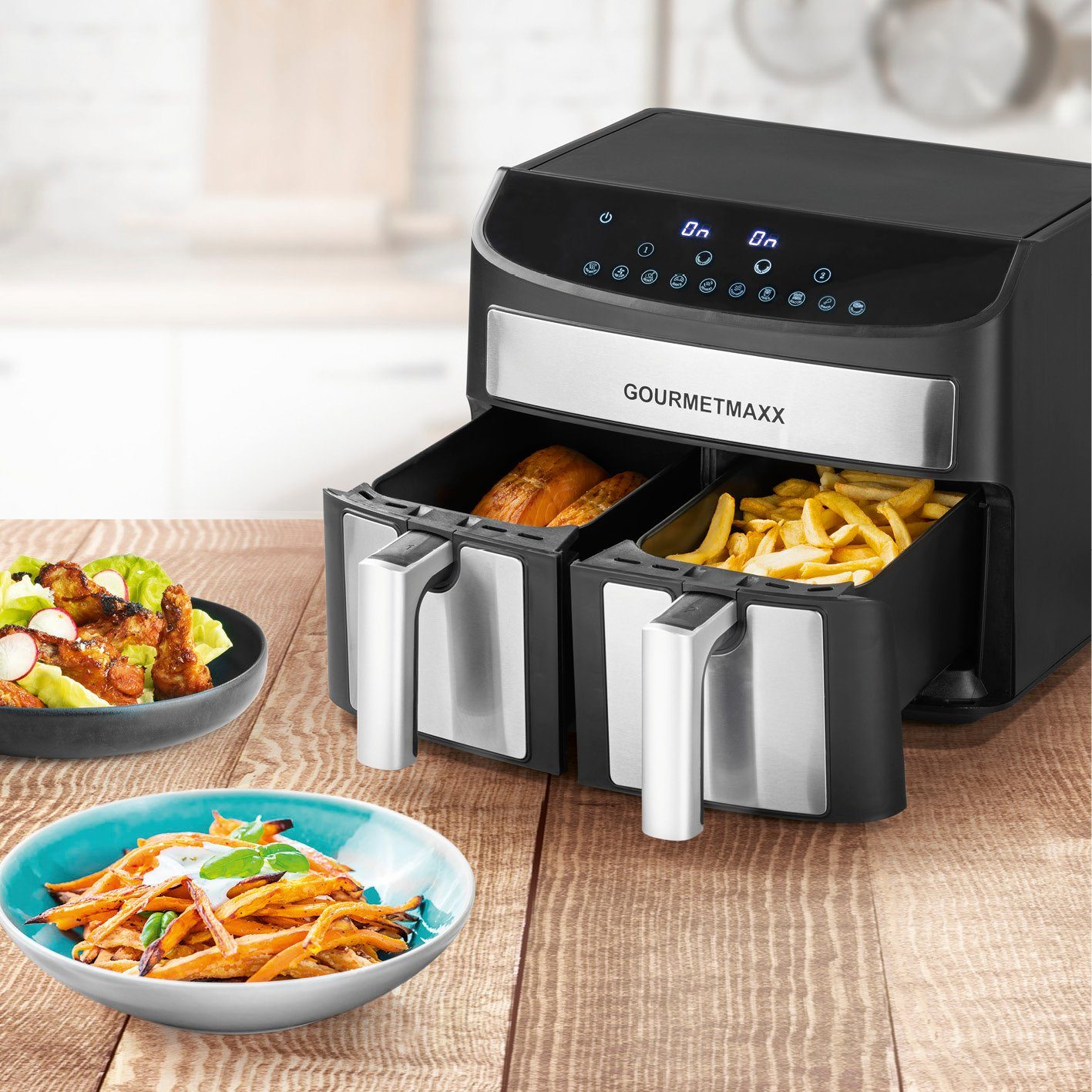 GOURMETmaxx Heißluftfritteuse Doppelkammer 7L, 2400,00 x Grill 2 aus – Doppelkorb, und Moderne Fritteuse mit Touchdisplay 3,5L Kombination Heißluftofen, W